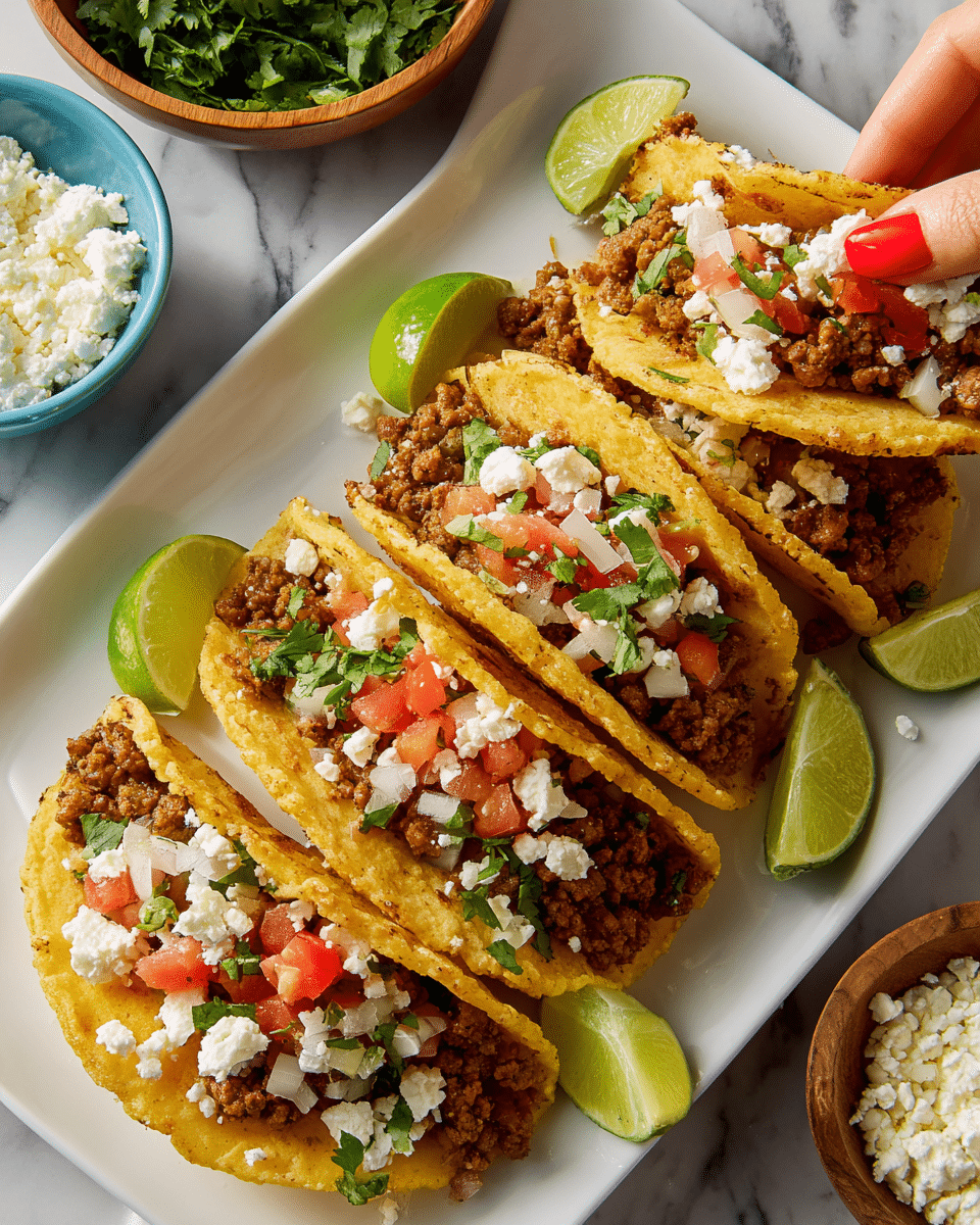 The image shows a white rectangular plate with four small tacos arranged in a row. Each taco has a golden yellow crispy shell, filled with a layer of ground meat mixed with small cooked onion pieces, bright red diced tomatoes, and scattered small white cheese crumbles. Fresh green cilantro leaves are sprinkled on top and around the tacos. Three lime wedges are placed on the plate behind the tacos. A woman's hand with red nail polish is holding the taco at the far end of the plate from the right. The plate sits on a white marbled surface with a wooden bowl of cilantro and a blue bowl with extra white cheese crumbles nearby. photo taken with an iphone --ar 4:5 --v 7