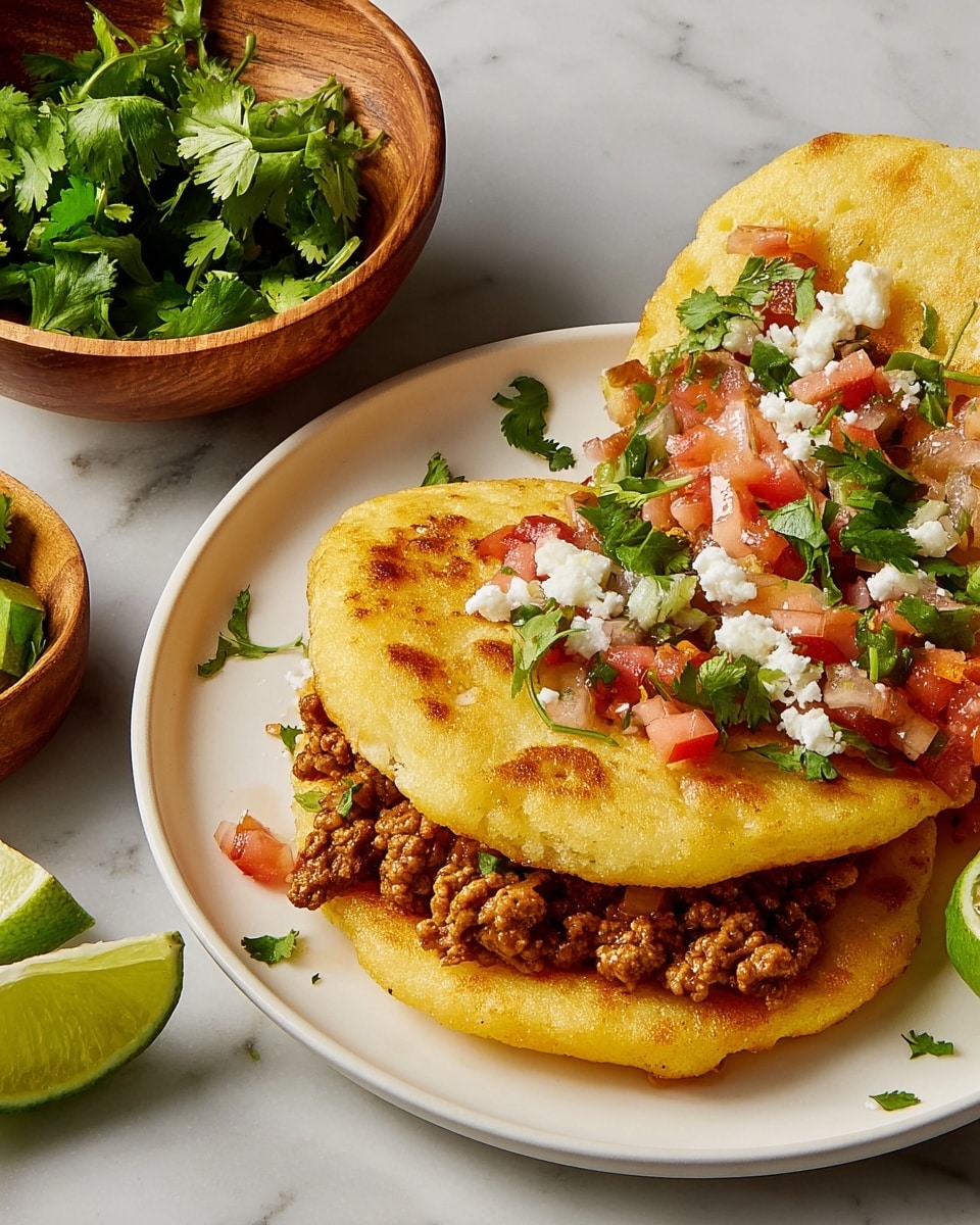 The image shows a white plate with two arepas, each made of two golden-yellow, slightly crispy flatcorn cakes as the top and bottom layers. Inside, there is a filling of seasoned brown ground meat mixed with small diced red tomatoes and light yellow onions, topped with small white cheese crumbles and green cilantro leaves. Some filling and cilantro are scattered around the plate. To the side, there are two wooden bowls on a white marbled surface: one with fresh green cilantro leaves and the other with two lime wedges showing their green skin and juicy interior. Photo taken with an iphone --ar 4:5 --v 7