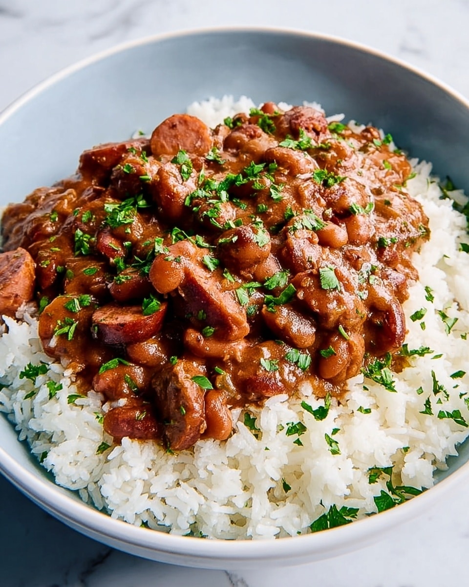 A white bowl is filled halfway with a layer of cooked white rice, showing soft, fluffy grains. On top, a thick layer of brown stew with chunks of sausage and beans covers most of the rice. The stew has a slightly glossy texture and is garnished with chopped green herbs scattered evenly on top, adding a fresh color contrast. The bowl sits on a white marbled surface, creating a clean and bright setting. photo taken with an iphone --ar 4:5 --v 7