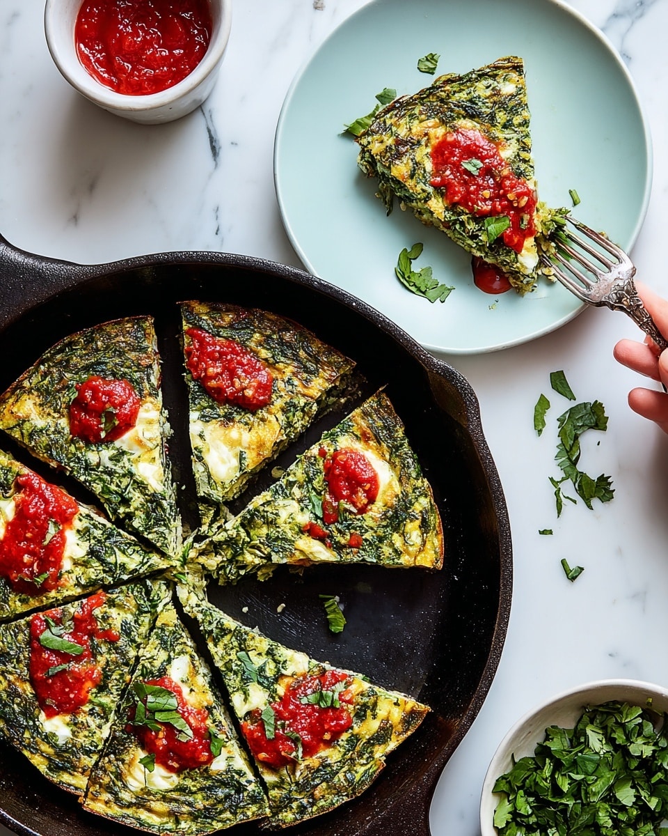 The image shows a green vegetable frittata cut into six triangular slices inside a black cast iron pan, with one slice served on a pale blue plate nearby. The frittata has a textured, leafy green surface with bits of melted yellow cheese visible in the center layers. Each slice is topped with dollops of bright red tomato sauce and scattered fresh green herbs. Around the pan and plate, there are loose herb leaves on a white marbled surface. In the background, a white bowl holds more fresh green herbs, and a small white bowl with red sauce is also visible. A woman's hand holding a fork is about to eat the slice on the plate. Photo taken with an iphone --ar 4:5 --v 7
