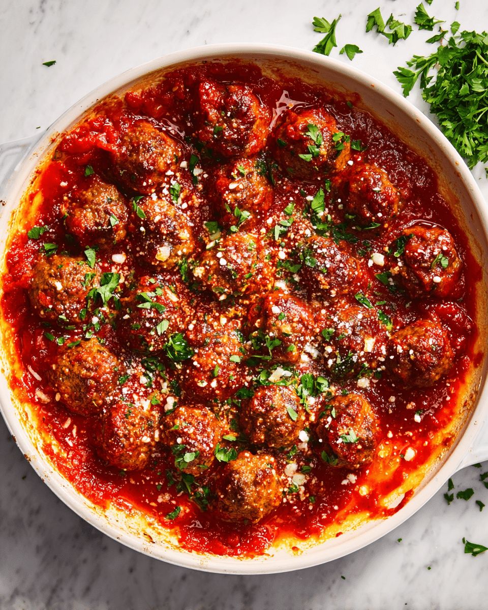 A white deep round dish filled with many brown meatballs fully covered in thick red tomato sauce, sprinkled with small white cheese flakes and fresh green parsley pieces scattered on top, the sauce looks rich with visible tomato chunks and slight oil shine on the surface, the edges of the dish have some sauce stain marks, the whole dish is placed on a white marbled texture. photo taken with an iphone --ar 4:5 --v 7