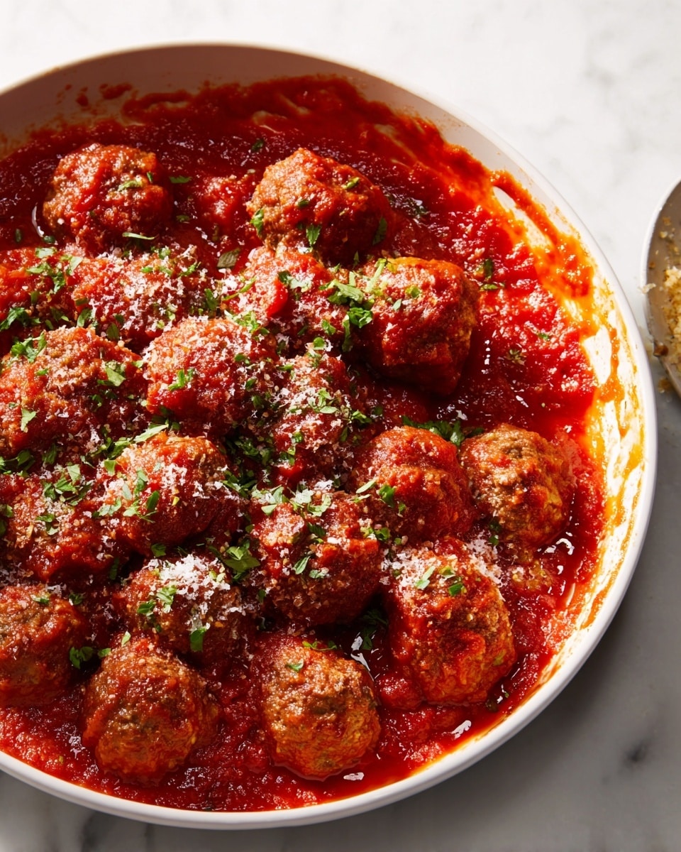 A close-up image shows about twenty small round meatballs covered in thick bright red tomato sauce, arranged in a deep white bowl. The meatballs are a golden brown color with a slightly rough texture, surrounded by the rich sauce that has a chunky and smooth mix. Small bits of green herbs are sprinkled evenly on top, along with a light dusting of grated white cheese. One side of the bowl shows a swipe where some sauce has been scooped away, revealing the white inside of the bowl. The bowl is set on a white marbled surface. Photo taken with an iphone --ar 4:5 --v 7