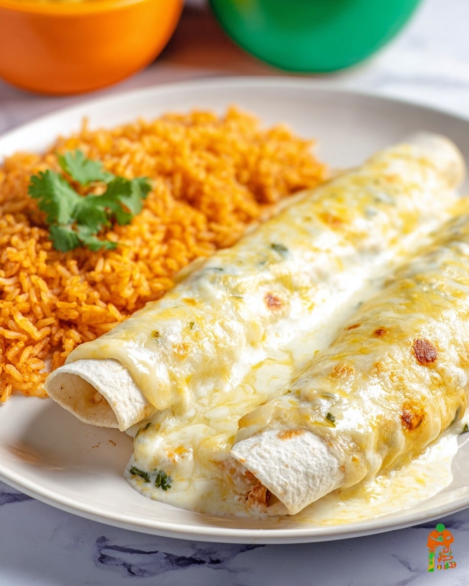The image shows two rolled enchiladas covered in creamy white sauce with patches of golden brown melted cheese on top, placed closely side by side on the right half of a white plate. On the left side of the plate, there is a serving of orange-colored rice with visible grains, slightly piled up and textured. A small sprig of bright green cilantro is placed near the top edge of the plate, adding a fresh pop of color. The plate rests on a white marbled surface, and the background is softly blurred with green and orange hues. photo taken with an iphone --ar 4:5 --v 7