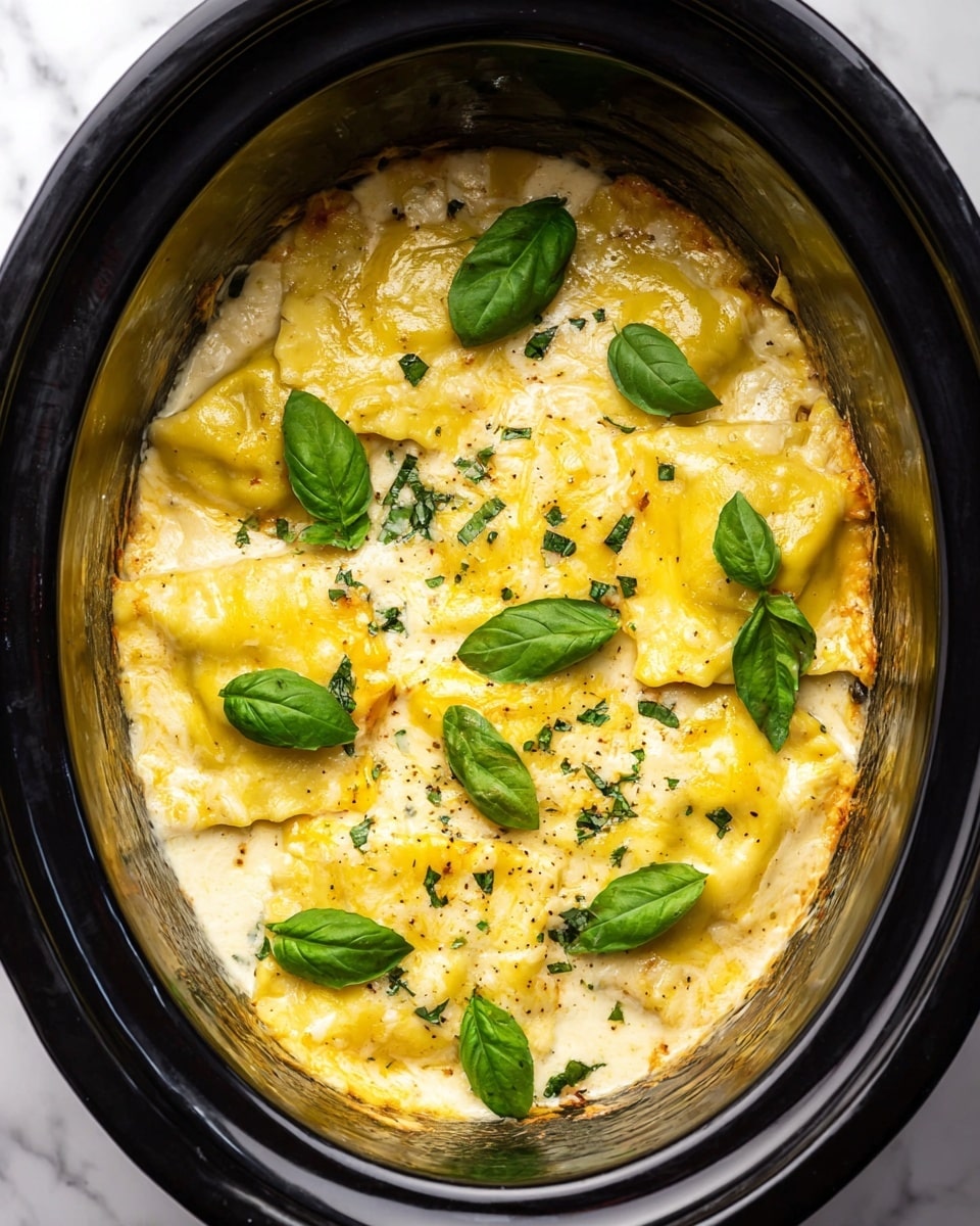 This image shows a close-up of a black slow cooker filled with a baked dish made of two layers: the bottom layer is creamy and slightly browned melted cheese, while the top layer has large yellow ravioli pasta covered again in melted cheese with a golden crust on the edges. The dish is garnished with scattered chopped green herbs and six whole fresh green basil leaves spread evenly over the surface. The slow cooker rests on a white marbled texture. photo taken with an iphone --ar 4:5 --v 7