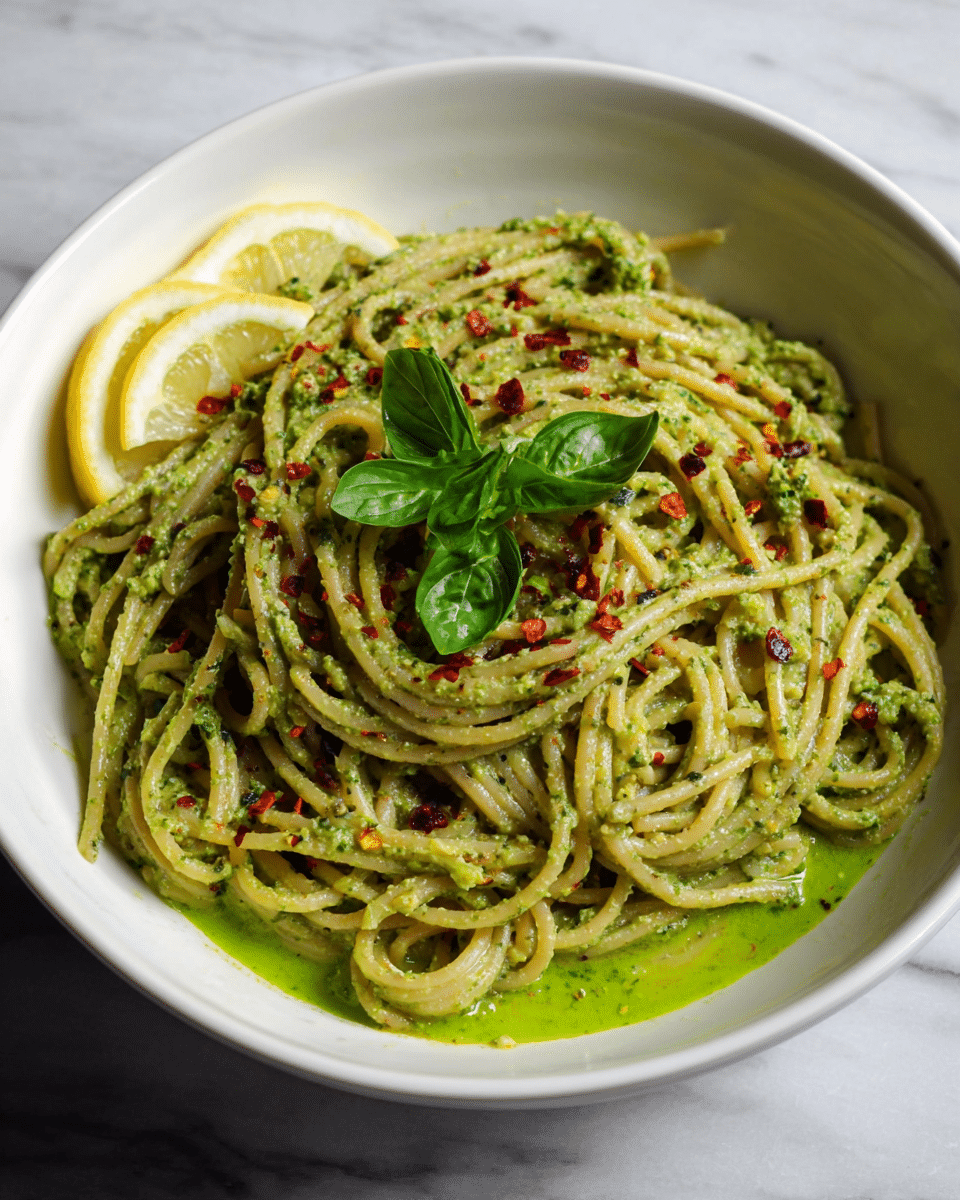 A white round bowl filled with spaghetti pasta coated in a thick, creamy green pesto sauce, sprinkled evenly with red chili flakes. On the left side of the pasta, there are two thin slices of lemon and a small bunch of fresh green basil leaves placed on top. The pasta sits in a shallow pool of bright green pesto oil at the bottom of the bowl. The background is a white marbled texture. photo taken with an iphone --ar 4:5 --v 7