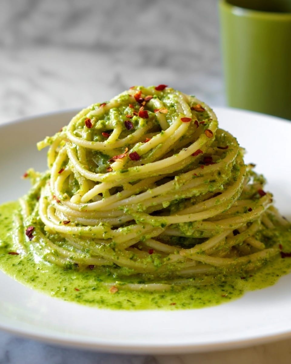 A white plate holds a neat mound of spaghetti layered with thick, creamy green pesto sauce that clings to the noodles in every twist. The spaghetti strands are pale yellow and slightly shiny, intertwined closely with the vibrant green sauce. The top layer is sprinkled with small red chili flakes, adding bright pops of color and texture. A small pool of loose pesto sauce spreads gently around the base of the spaghetti mound. The plate is set against a white marbled textured background with a blurred green cup in the back. photo taken with an iphone --ar 4:5 --v 7
