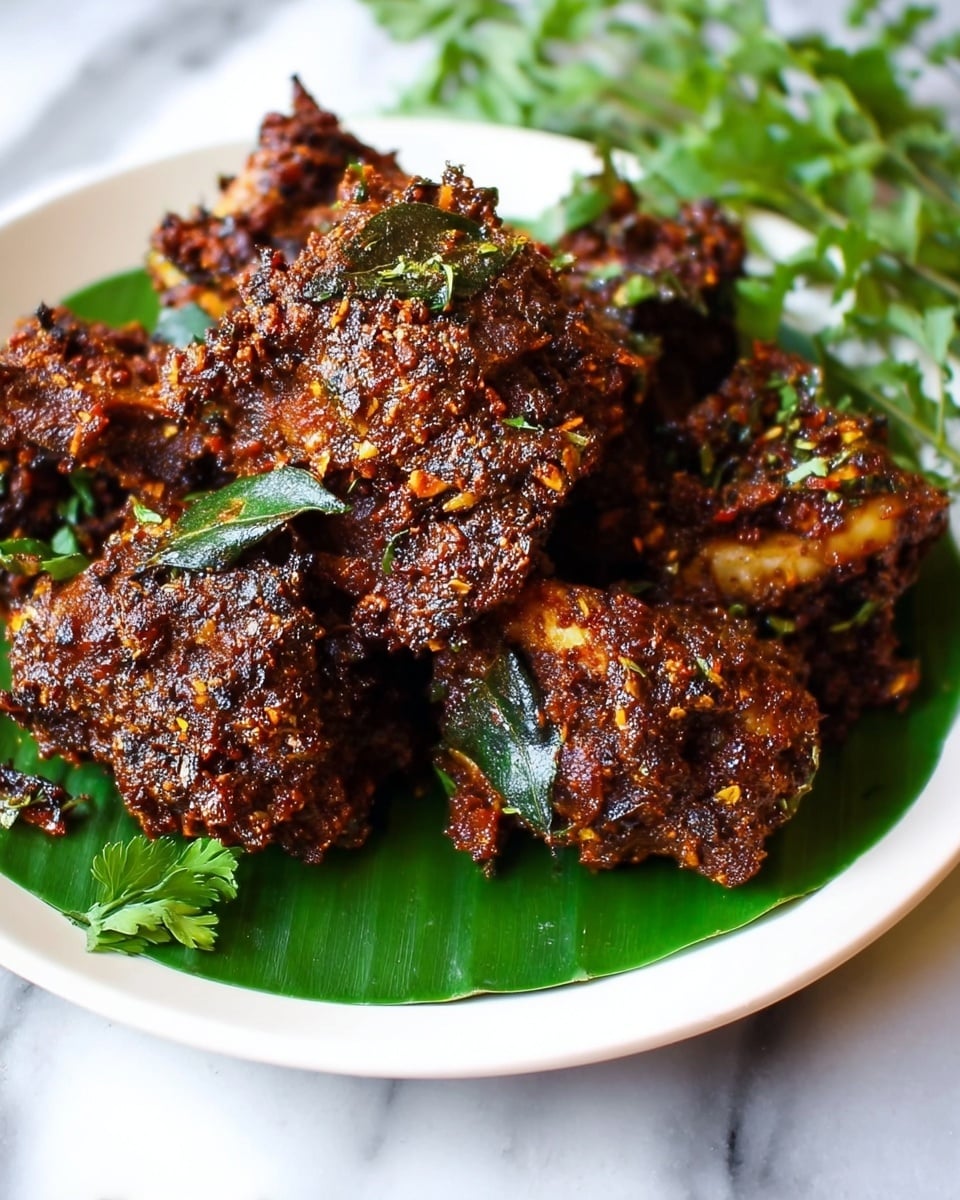 The dish shows several pieces of dark reddish-brown meat coated heavily with dry spices and herbs, giving it a coarse and textured look. The meat rests on a green leaf that adds a fresh contrast, all set on a white plate with a few scattered fresh green herb leaves around it. The surface beneath the plate is a white marbled texture, adding a clean and bright background. photo taken with an iphone --ar 4:5 --v 7
