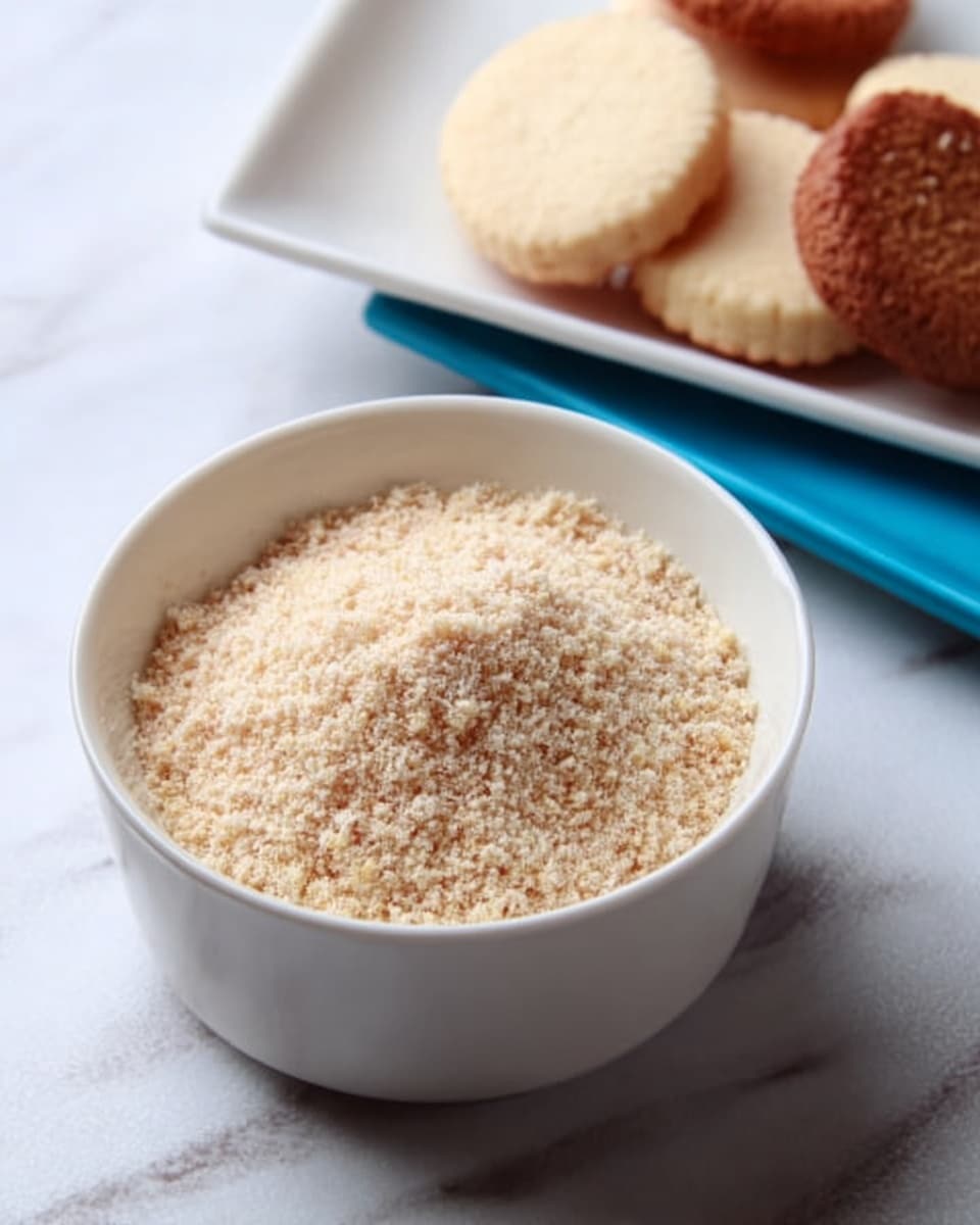 The image shows a white bowl filled with light beige, finely ground crumbs with a slightly coarse texture. Behind the bowl, on the right side, there is a white square plate holding five round cookies in light brown and pale cream colors, arranged casually. The background is a white marbled surface that contrasts with the colors of the bowl and plate. Photo taken with an iphone --ar 4:5 --v 7