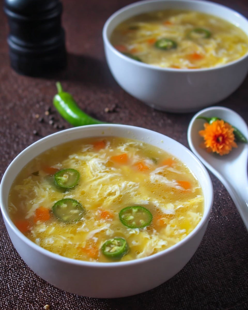 Two white bowls filled with hot soup sit on a dark brown textured surface. The soup has a light yellow broth with visible small orange carrot pieces, soft white egg strands, and green chili slices floating on top. One bowl is in the front, showing a clear view of the soup, while the other bowl is slightly blurred in the background. To the right, a white ceramic spoon with a small orange flower decoration holds a whole green chili. In the back left corner, there is a black pepper container partially visible. The overall scene feels warm and fresh. photo taken with an iphone --ar 4:5 --v 7