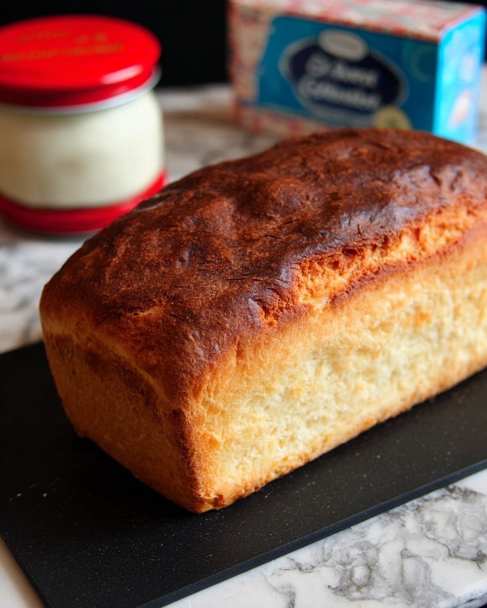 A freshly baked loaf of bread with a golden brown crust on top and a light beige, soft textured side sits on a black cutting board. In the background, there is a small red-lidded container and a blue and white rectangular box with text on it, placed on a white marbled surface. The loaf is the main focus, showing its slightly uneven crust and fluffy interior. Photo taken with an iphone --ar 4:5 --v 7