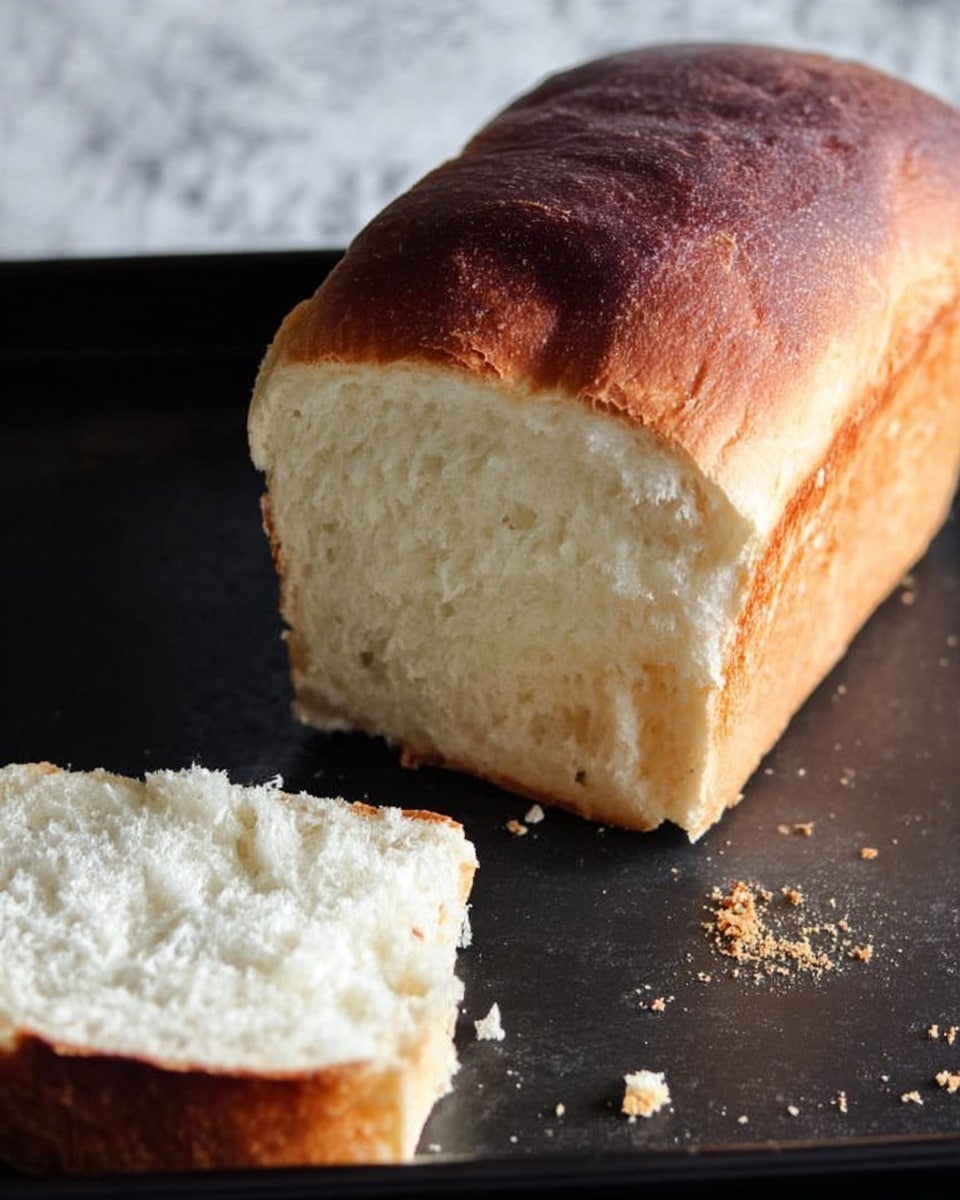 A loaf of bread with a soft, fluffy white inside and a golden brown crust on top sits on a black tray. Next to it is a single slice of the bread showing the light, airy texture inside with some small crumbs scattered around the tray. The lighting highlights the contrast between the crust's smooth, slightly shiny surface and the tender, porous interior. The background is a white marbled texture. photo taken with an iphone --ar 4:5 --v 7