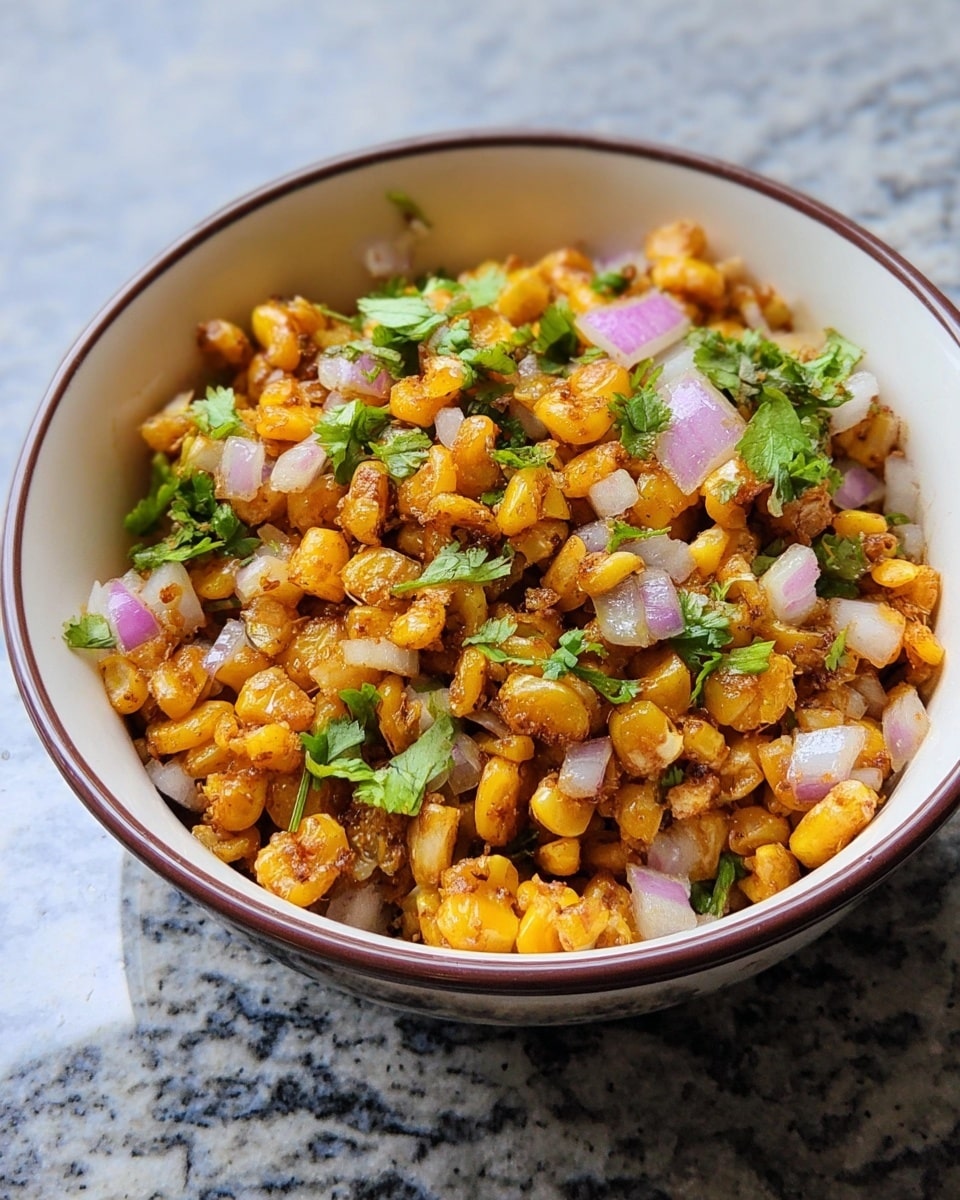 A white bowl with a brown rim filled with crispy golden-yellow fried corn kernels as the first layer, mixed with light purple chopped onion pieces and bright green coriander leaves scattered on top. The bowl sits on a white marbled surface, and the bowl is filled to the top. Photo taken with an iphone --ar 4:5 --v 7