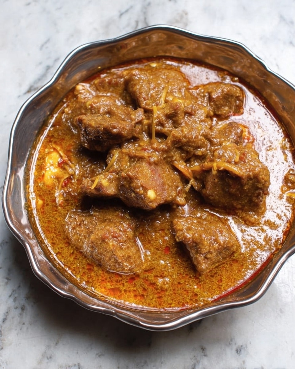 The image shows a shiny, silver-colored bowl with scalloped edges filled with a thick, brown curry. The curry has multiple chunks of tender-looking meat that are coated in a rich sauce with a slightly oily texture, showing hints of red and orange spices. The background is a white marbled surface that contrasts with the warm tones of the curry. photo taken with an iphone --ar 4:5 --v 7