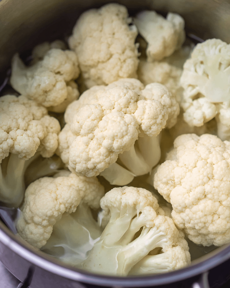 The image shows several pieces of pale cream cauliflower florets, each with a slightly bumpy texture and thick white stems. They are arranged close together inside a shiny metal pot, with a small amount of clear water visible at the bottom. The cauliflower pieces vary slightly in size, and the view is close-up, focusing on their natural shape and details. photo taken with an iphone --ar 4:5 --v 7