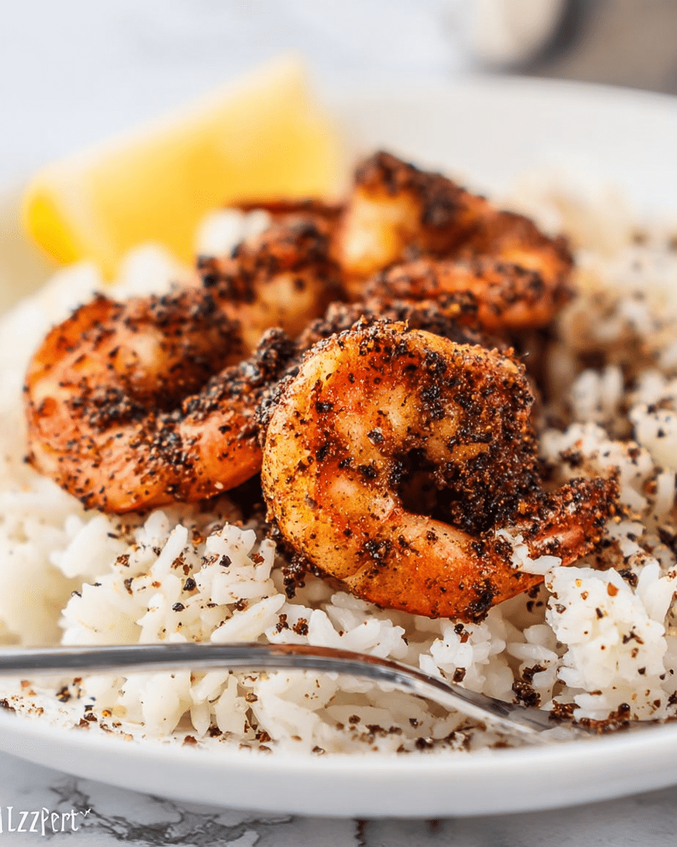 The image shows a close-up of three cooked shrimp placed on top of a bed of white rice in a white plate. The shrimp are coated with coarse black pepper seasoning, giving them a textured, dark brown and black appearance with hints of reddish orange from the shrimp itself. The rice beneath is fluffy and white, sprinkled lightly with some seasoning. A silver fork rests on the plate near the rice, and in the blurry background, there is a lemon wedge adding a soft yellow glow to the scene. The overall setting is on a white marbled textured surface. photo taken with an iphone --ar 4:5 --v 7