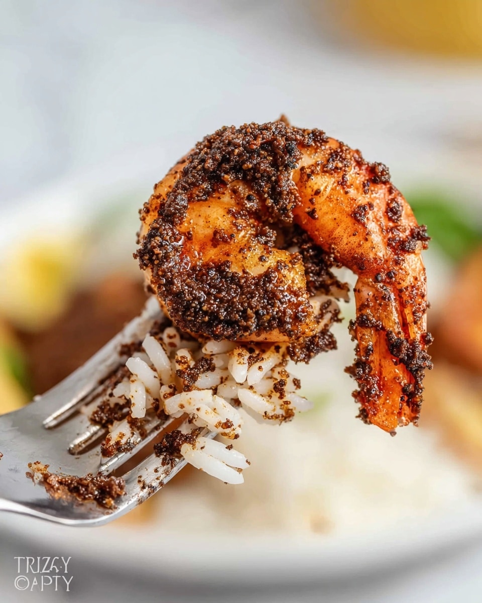 A close-up of a metal fork holding a single cooked shrimp coated in a dark, coarse seasoning that looks like a mix of spices and pepper. The shrimp is orange with a slightly charred texture from grilling, curling around the fork. On the fork alongside the shrimp are small grains of white rice, some of which have toasted brown spots. The background shows a blurred white plate with faint hints of green and yellow, resting on a white marbled surface. photo taken with an iphone --ar 4:5 --v 7