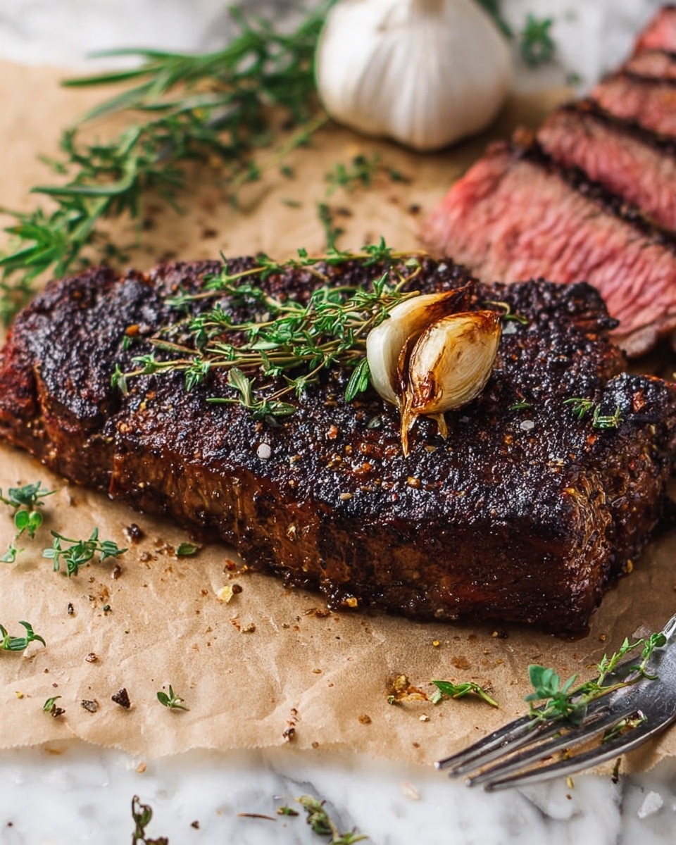 The image shows a thick, charred steak resting on light brown parchment with a rough texture, topped with a small roasted clove of garlic and fresh green thyme and rosemary sprigs. Behind it is a sliced steak revealing a pinkish-red center with a seared dark brown crust. The scene includes scattered rosemary and a whole garlic bulb on a white marbled surface, with a metal fork visible to the side. photo taken with an iphone --ar 4:5 --v 7