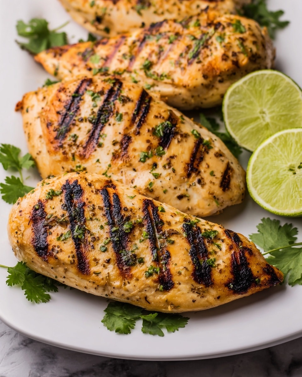 The image shows four pieces of grilled chicken breast on a white plate with some fresh cilantro leaves around the edges. Each chicken piece has visible dark grill marks across its light golden surface, with a slightly charred, textured look. The chicken is sprinkled with green herbs and small black pepper flakes. On the right side of the plate, there are two lime slices with their pale green, juicy interiors visible. The plate is placed on a white marbled textured surface. photo taken with an iphone --ar 4:5 --v 7