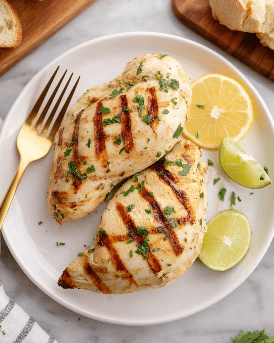 A white plate holds two grilled chicken breasts with light brown grill marks across the surface, garnished with small pieces of green parsley scattered on top. To the upper right of the chicken are two slices of lemon and lime resting on the plate, adding yellow and green colors. A gold fork sits on the left side of the plate, partially visible. The plate is placed on a white marbled texture surface with a wooden cutting board and bread pieces seen slightly off to the right. photo taken with an iphone --ar 4:5 --v 7