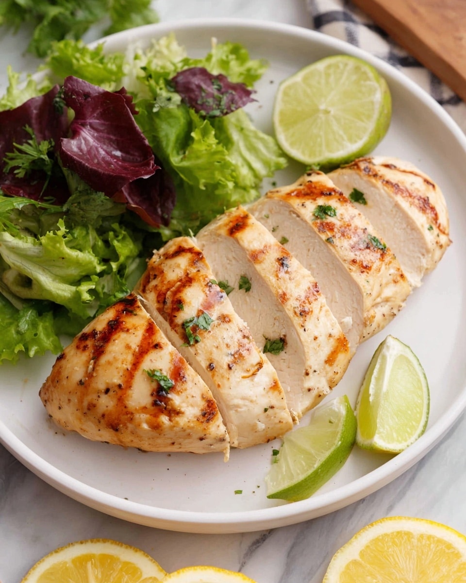 This image shows a nicely grilled chicken breast sliced into three pieces on a white plate. The chicken is light golden-brown with visible grill marks and small green herb pieces on top. Next to the chicken, there is a small fresh salad layer with mixed green and reddish leaves, adding a fresh and crisp texture. Two lime wedges sit at the edge of the plate near the chicken. The plate is placed on a white marbled surface with lemon and lime slices partly visible in the foreground, adding bright yellow and green colors to the scene. photo taken with an iphone --ar 4:5 --v 7