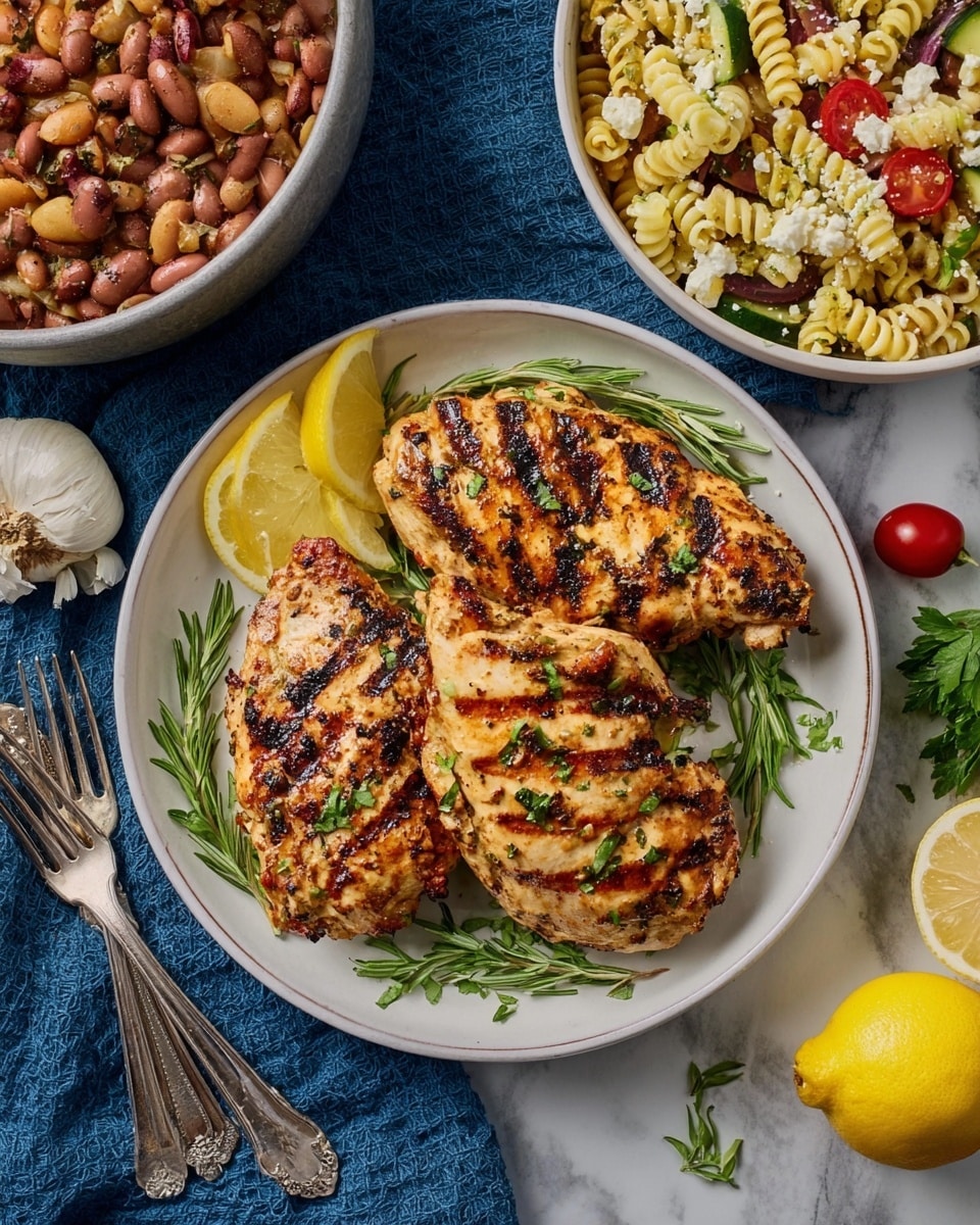 The image shows three grilled chicken breasts placed on a white plate, each piece with charred grill marks and a golden-brown color. The chicken is garnished with sprigs of fresh green herbs and partially surrounded by three lemon wedges on the upper left side. The plate is set on a white marbled surface with a blue cloth underneath. Around the plate, there are three silver forks on the left and some loose green herbs. Nearby, a halved lemon and a whole garlic bulb rest on the surface. In the background, two bowls contain other food items: the top left bowl has a mix of cooked beans and ground meat with brown and reddish hues, and the top right bowl contains a pasta salad with spiral pasta, broccoli, cherry tomatoes, carrots, cucumber, and white cheese pieces, all mixed with black pepper seasoning. Photo taken with an iphone --ar 4:5 --v 7