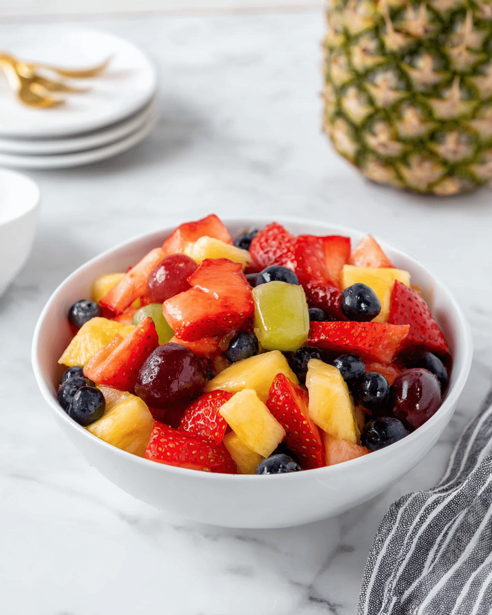 A white bowl filled with a vibrant fruit salad sits on a white marbled surface. The salad has multiple layers of fruit including bright red strawberry slices with a juicy texture, plump deep blue blueberries, small green and purple grape halves, and chunks of golden yellow pineapple. The fruits are mixed closely together, creating a colorful, fresh, and glossy look. In the background, there is a whole pineapple and a small stack of white bowls with a gold fork on top. A gray and white striped cloth is placed near the bowl, adding subtle contrast. Photo taken with an iphone --ar 4:5 --v 7