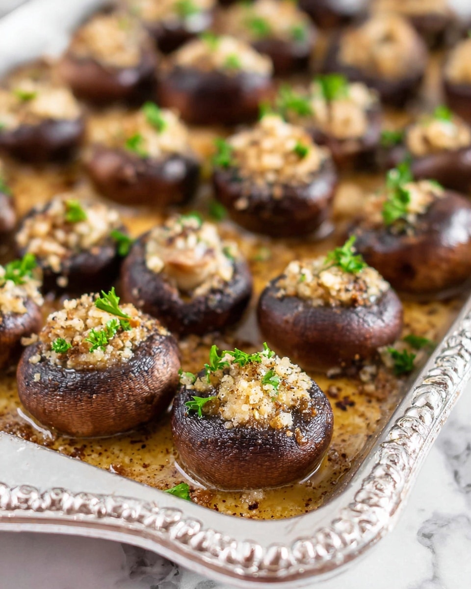 A silver tray filled with three layers of stuffed mushrooms arranged close together, each mushroom cap is dark brown, shiny, and smooth, filled with a layer of minced garlic topping that is light beige with a slightly coarse texture. Some mushrooms are decorated with small parsley leaves that add bright green spots. The tray surface is covered with a light golden oily sauce mixed with bits of garlic and spices, creating small pools around the mushrooms. The background shows a white marbled texture. photo taken with an iphone --ar 4:5 --v 7