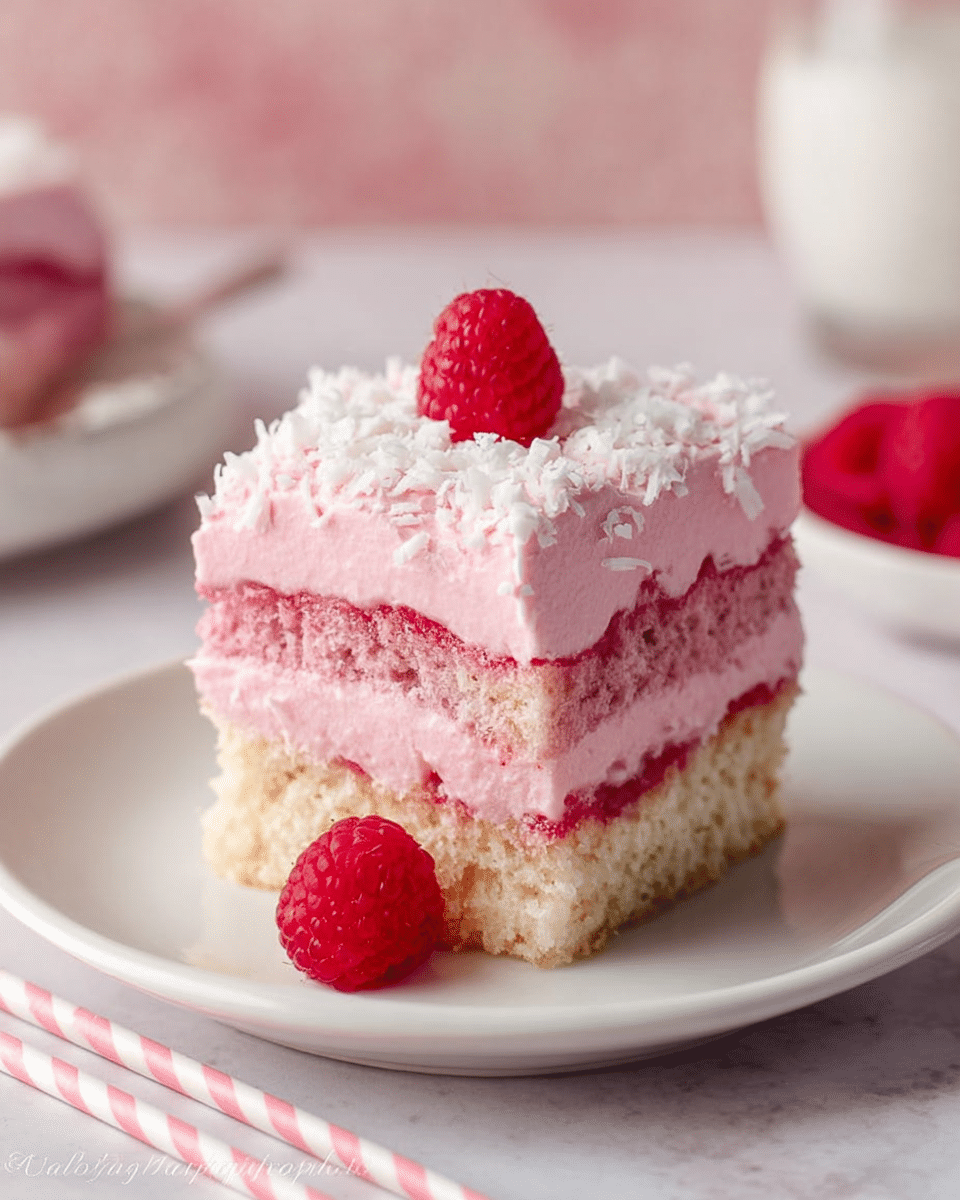 A square piece of layered dessert sits on a white plate on a white marbled surface. The dessert has three layers: the bottom and middle layers are light brown soft cake soaked with a hint of red jam. Between and on top of the cake layers, there are thick layers of smooth, creamy pink mousse or frosting. The top layer is sprinkled with fine white flakes, adding texture. There is a fresh red raspberry placed at the base on the plate in front of the dessert. In the background, soft pink and white tones blend softly, with a pink and white striped straw laying nearby. Photo taken with an iphone --ar 4:5 --v 7