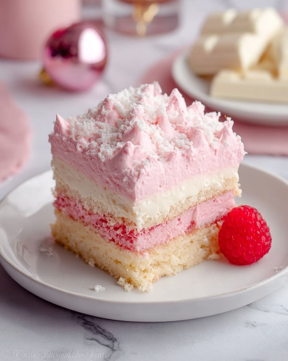 The image shows a square slice of layered dessert on a white plate, placed on a white marbled surface. The dessert has three main layers: the bottom layer is a beige sponge cake soaked slightly and topped with a thick, creamy pale pink layer. Above that is another thin layer of sponge cake followed by a second thick pink cream layer, both with a smooth, soft texture. The top is covered with a fluffy, light pink cream that has a slightly uneven surface and is sprinkled with white crumbs. A fresh red raspberry sits at the base of the dessert on the plate. In the background, parts of a pink ornament and white chocolate pieces are slightly blurred. photo taken with an iphone --ar 4:5 --v 7