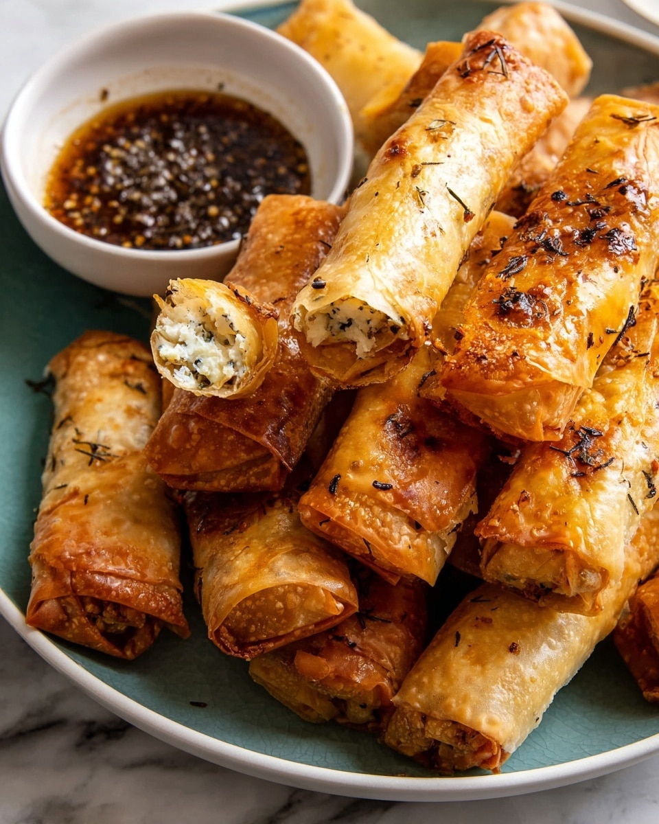 On a white plate filled with many golden brown, crispy rolled pastries, each with a flaky, shiny texture and small blackened spots and herbs on the surface. Some rolls are whole, while two are cut open showing a soft, white filling inside with visible herbs. The pastries are stacked and slightly overlapping. To the side, a small white bowl holds a dark brown dipping sauce with seasoning flakes. The background is a white marbled texture. photo taken with an iphone --ar 4:5 --v 7