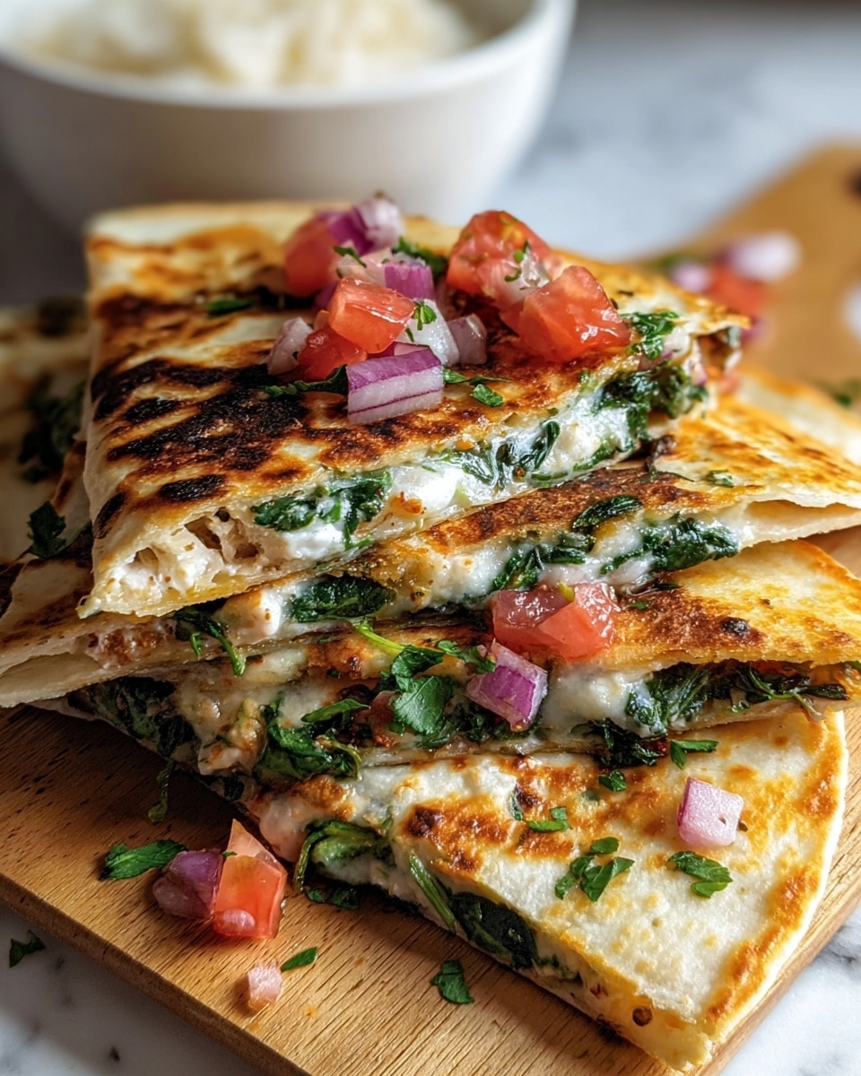 The image shows a stack of golden-brown quesadillas with a crispy, slightly charred texture on the outside. The quesadillas are cut into triangular slices, revealing a thick filling made of melted white cheese and green spinach. On top, there are small pieces of bright red tomatoes, finely chopped purple onions, and green herbs scattered around, giving it a fresh look. The quesadillas rest on a wooden board placed on a white marbled surface. In the background, there is a white bowl with some rice, slightly out of focus. photo taken with an iphone --ar 4:5 --v 7