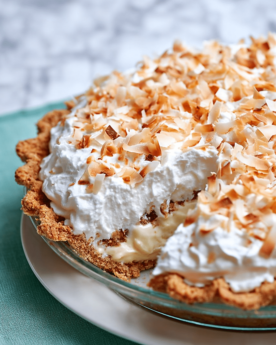 A single slice of creamy yellow pie sits on a white plate, showing two main layers: a smooth, thick, glossy yellow custard base topped with a fluffy, white whipped cream layer. The whipped cream is sprinkled with small pieces of toasted brown and golden flakes that add texture and color contrast. Some of these toasted flakes are scattered around the plate, adding a rustic touch. The plate rests on a surface with a white marbled texture. photo taken with an iphone --ar 4:5 --v 7