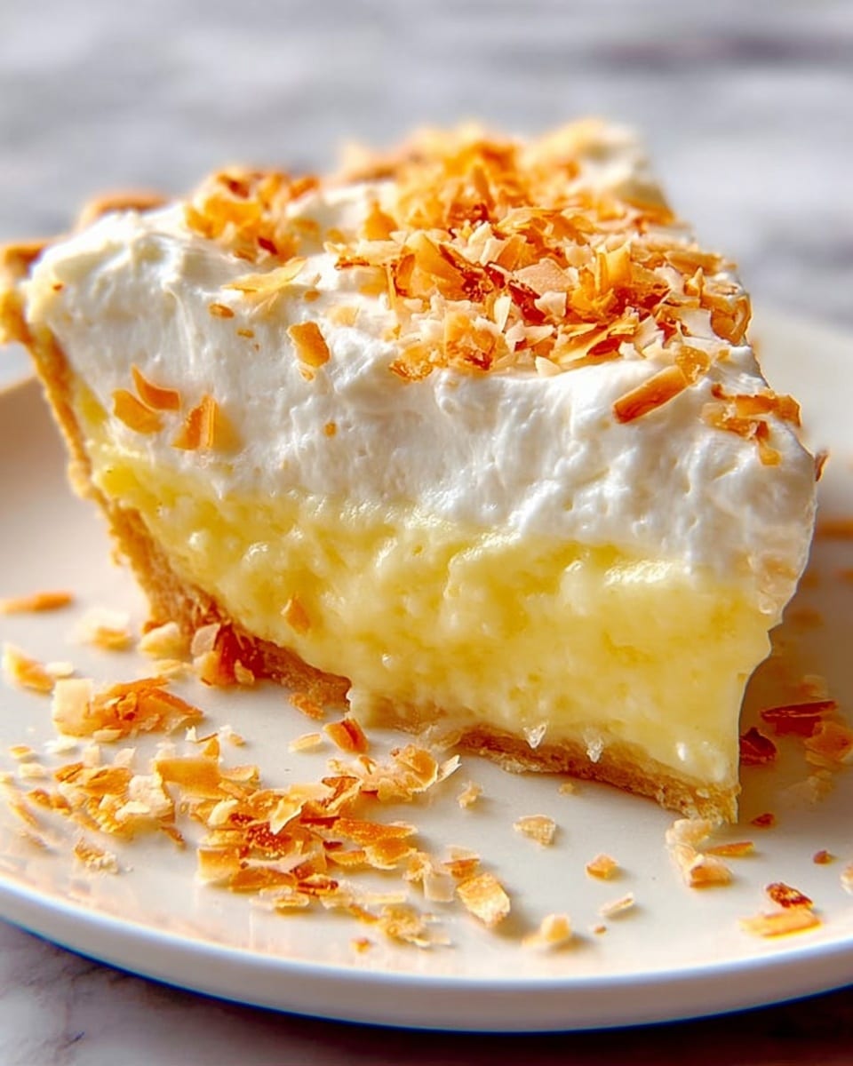 A close-up view of a pie with four layers visible: a golden brown crumbly crust forms the bottom and edge, topped with a thick layer of light cream filling mostly hidden beneath the top layers. Above the cream is a thick spread of fluffy white whipped cream, applied unevenly in soft mounds across the surface. On top of the whipped cream are scattered pieces of toasted coconut flakes that are light golden to dark brown in color, adding texture and contrast. The pie is placed in a clear glass pie dish positioned on a white plate. The background shows a white marbled texture. photo taken with an iphone --ar 4:5 --v 7