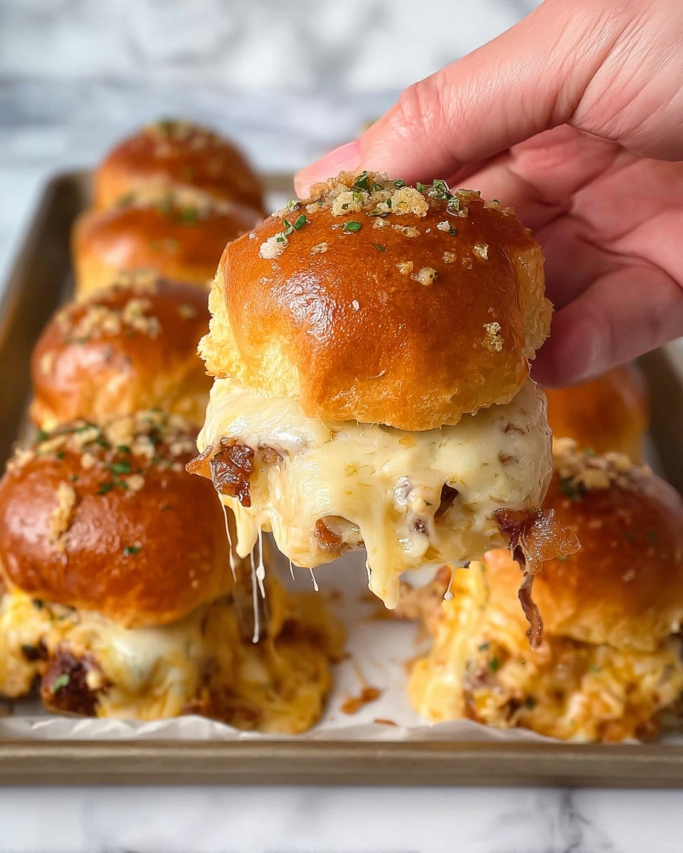 A close-up of a bitten slider held by a woman's hand showing its three layers: the top layer is a golden brown soft bun sprinkled with green herbs and bits of garlic; beneath it is a layer of melted, gooey light orange cheese stretching out; below the cheese lies a crispy, golden fried chicken patty with a slightly rough texture; the bottom layer is another soft, golden brown bun. In the background, several similar sliders are placed on a white tray over a white marbled surface, with melted cheese oozing out from some of them. photo taken with an iphone --ar 4:5 --v 7