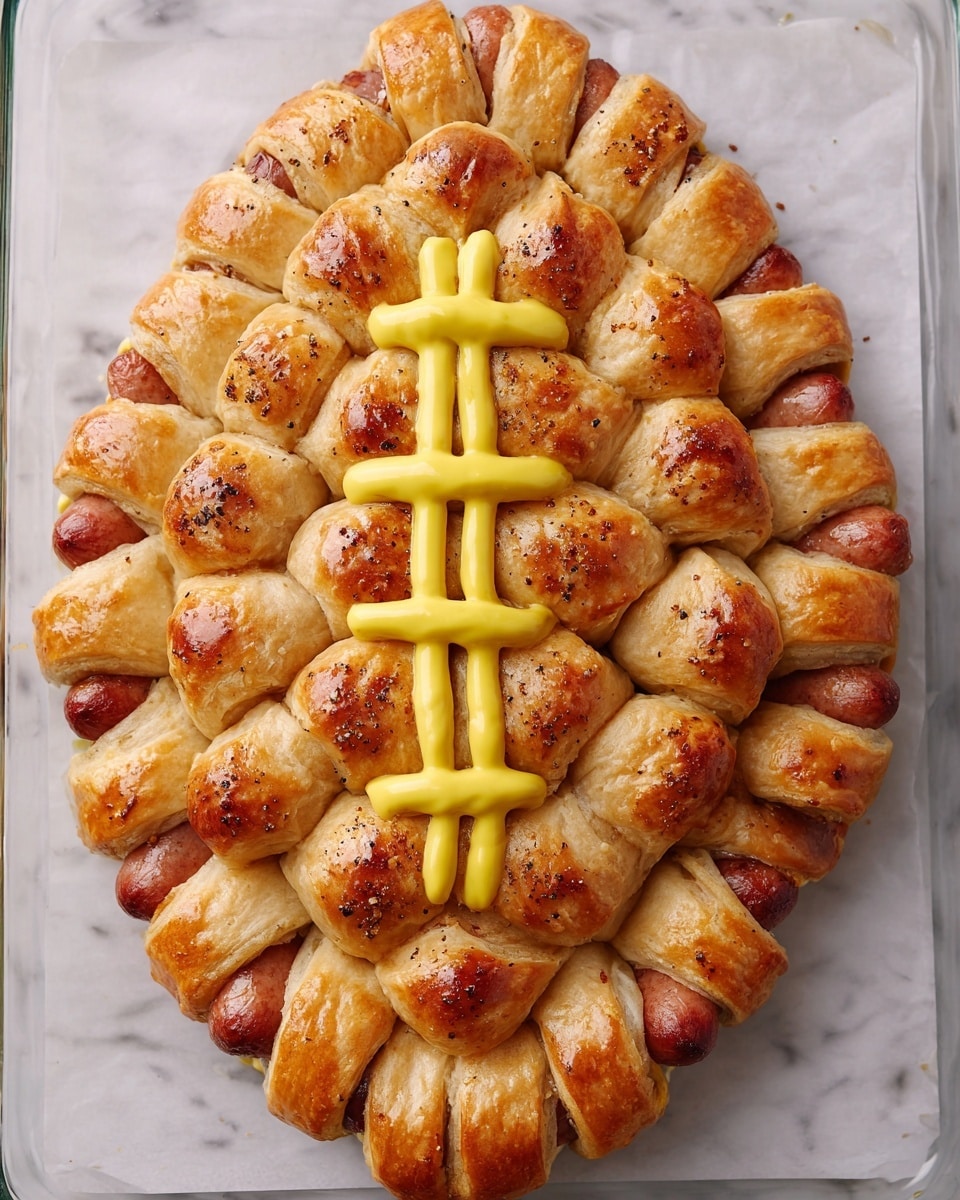A football-shaped arrangement of small crescent rolls wrapped around mini sausages, each crescent piece golden brown with a soft, flaky texture and visible specks of seasoning on top, forms the whole football shape. The rolls are placed close together on a white marbled sheet inside a glass baking pan. A line of thick yellow mustard runs down the center of the football, with shorter cross lines creating the image of football laces on top. The rolls are layered one next to another tightly, giving a bumpy, rounded texture throughout the shape. photo taken with an iphone --ar 4:5 --v 7