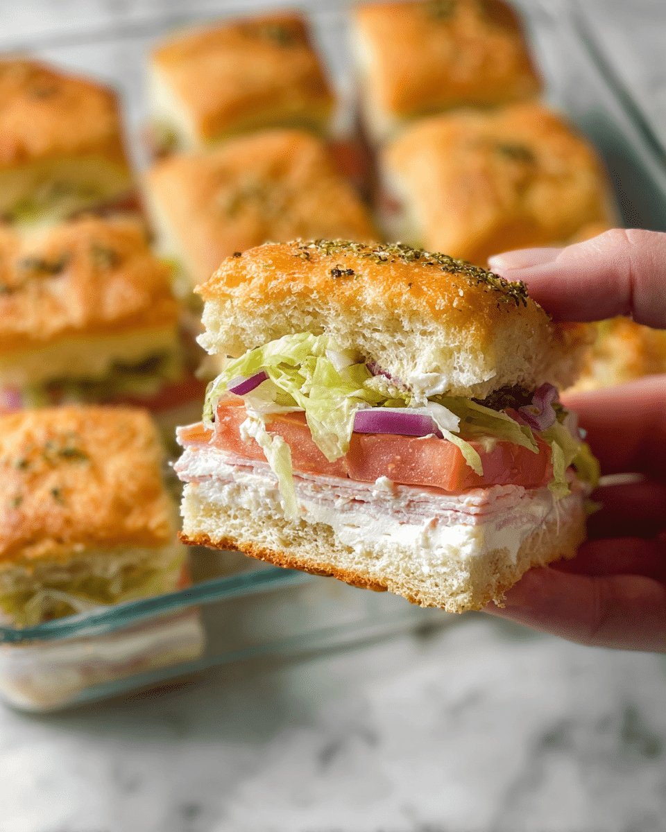 A close-up of a sandwich square held by a woman's hand shows five visible layers: the top layer is a golden, flaky, and slightly crunchy bread roll with a light sprinkle of herbs; beneath it is a mixed layer of crisp green lettuce and thin strips of red onion; followed by a creamy white spread combined with a thick slice of fresh tomato; underneath this is a smooth, pale white layer of cheese or mayo; and the bottom layer is a soft, light golden bread roll. In the background, more of the same sandwich squares are arranged in a clear glass baking dish on a white marbled surface. photo taken with an iphone --ar 4:5 --v 7
