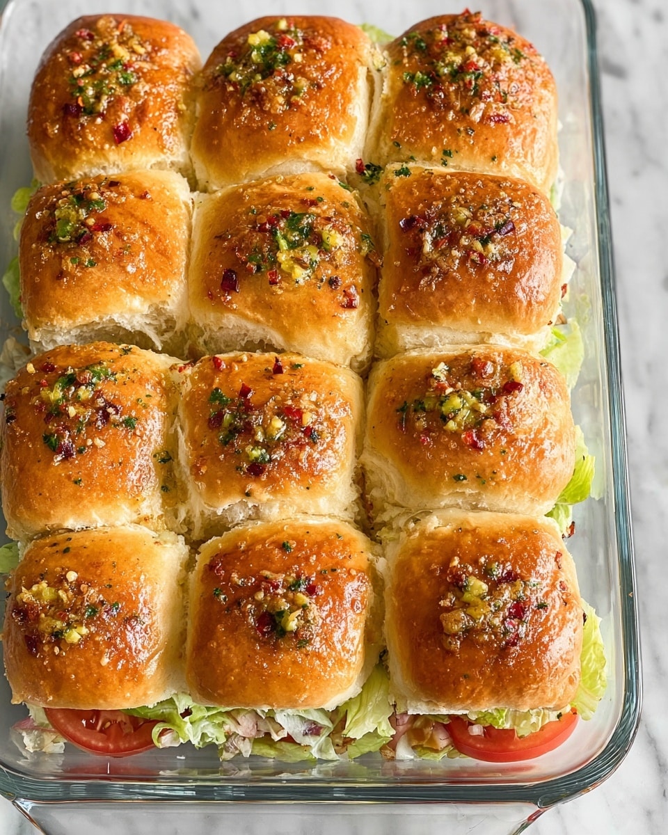The image shows a glass baking dish filled with nine golden-brown dinner rolls arranged in a 3x3 grid. Each roll has a shiny, slightly glossy top sprinkled with green herbs, small bits of red chili flakes, and grated cheese. The rolls are soft and fluffy with a light crust that is textured with small crispy bits on the surface. Between the rolls, there is a visible layer of fresh lettuce and slices of red tomato, adding a bright contrast of green and red beneath the warm buns. The dish is placed on a white marbled surface. photo taken with an iphone --ar 4:5 --v 7