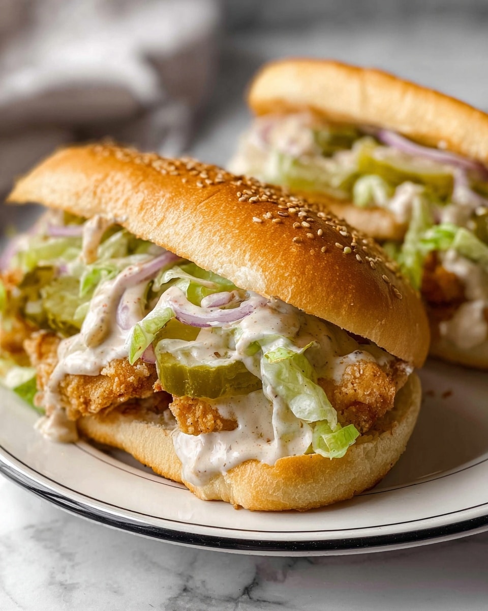 A close-up of two sandwich rolls on a white plate with a black rim, placed on a white marbled surface. Each sandwich has a soft, toasted golden brown sesame seed bun as the base and top layer. Inside, there are several layers: crispy fried chicken pieces with a golden crust are the main filling, mixed with fresh light green lettuce and slices of green pickles. The top layer is covered with creamy white sauce that has a slightly speckled texture, along with thin strips of purple onion adding subtle color. The sandwiches are full and slightly messy with sauce and fillings spilling out. Photo taken with an iphone --ar 4:5 --v 7