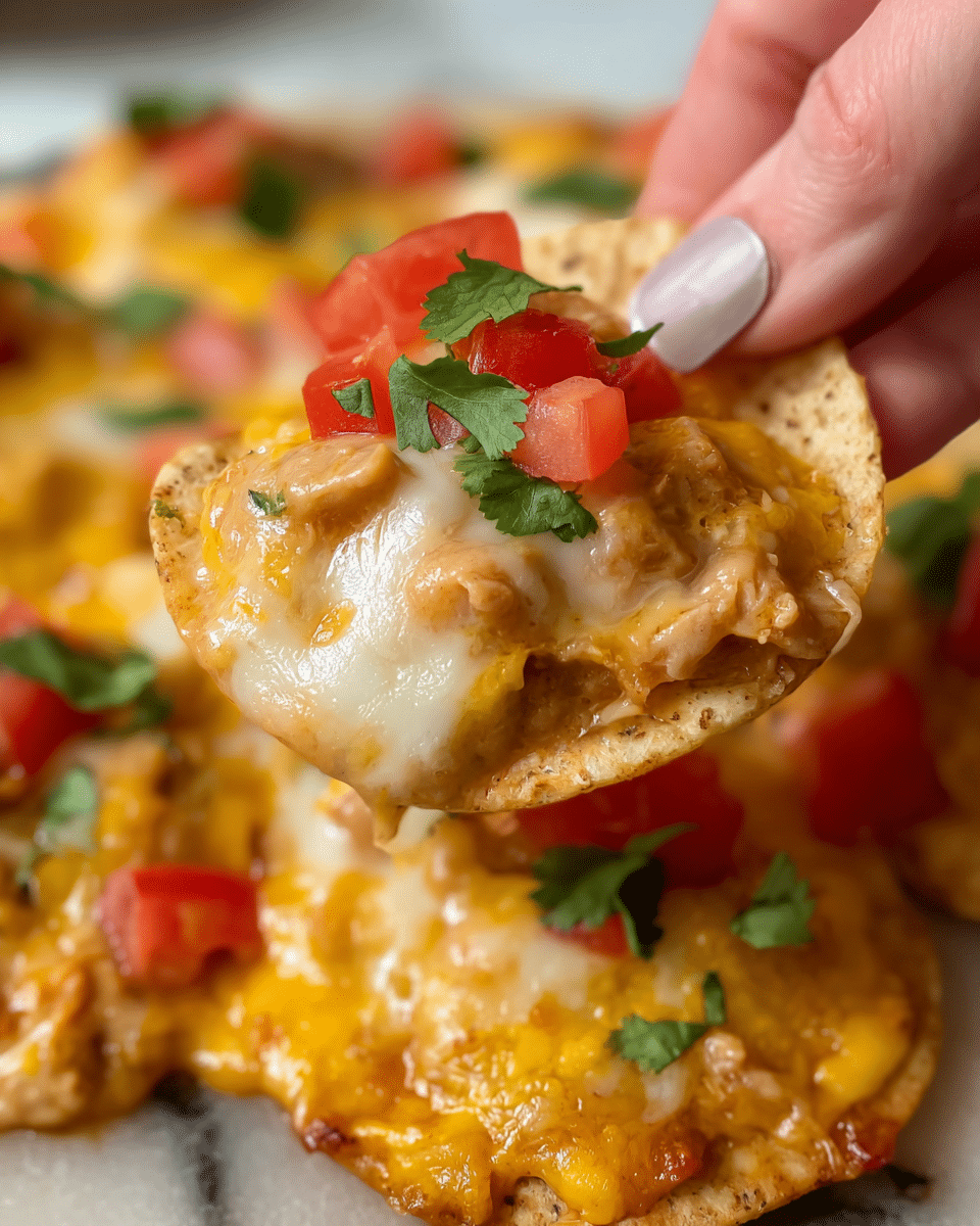 A close-up image shows a woman's hand holding a single round tortilla chip scoop filled with melted layers of creamy beige refried beans and gooey yellow and white melted cheese, topped with small bright red tomato pieces and a few green cilantro leaves. The chip has a slightly rough texture and small air pockets. More scoops with the same layers and toppings are visible in the background, all resting on a base layer of melted cheese, beans, and diced tomatoes spread thickly on a white marbled surface. The colors are warm with a mix of red, yellow, green, and creamy beige. Photo taken with an iphone --ar 4:5 --v 7