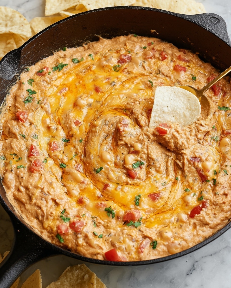 A close-up of a black cast iron skillet filled with a creamy, thick layer of light brown refried beans mixed with melted yellow and white cheese creating uneven pockets, scattered with small red tomato chunks and green herbs. A single white tortilla chip is partially dipped in the beans near the top right side, and a thin golden spoon is swirling in the center, creating a swirl pattern in the texture. The skillet sits on a white marbled surface with parts of white tortilla chips around it. photo taken with an iphone --ar 4:5 --v 7