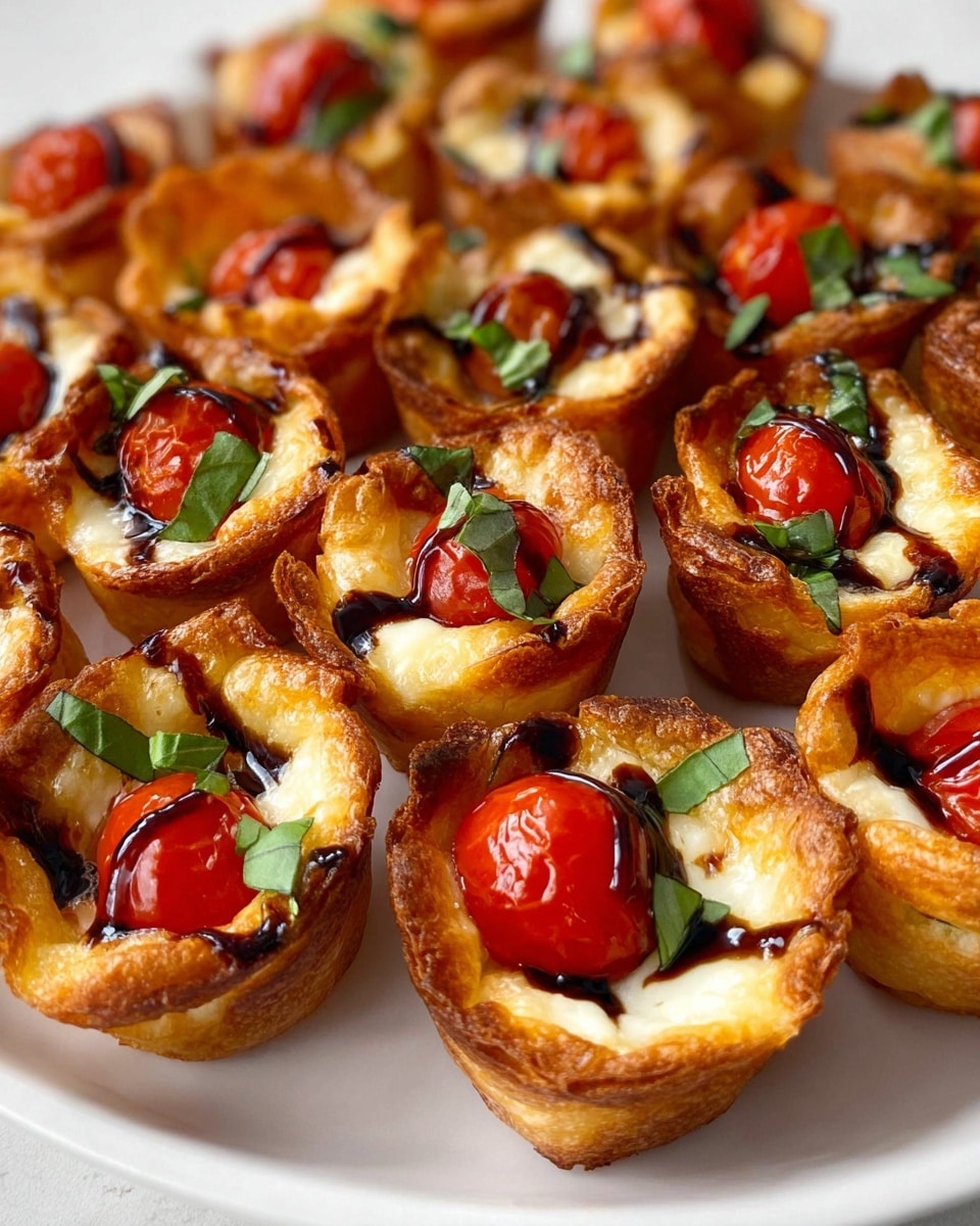 This image shows many small cup-shaped pastries arranged closely on a white plate placed over a white marbled surface. Each pastry has a golden brown, crispy outer crust with slightly browned edges. Inside, there is a layer of melted white cheese that looks soft and creamy, topped with a bright red roasted cherry tomato split open, revealing its juicy inside. Fresh green basil pieces are sprinkled over and around the tomato for a pop of color. A dark brown drizzle, likely balsamic glaze, is artfully drizzled over each pastry, adding shine and contrast to the overall warm colors of the dish. The pastries are packed tightly, showing their similar sizes and uniform look. photo taken with an iphone --ar 4:5 --v 7