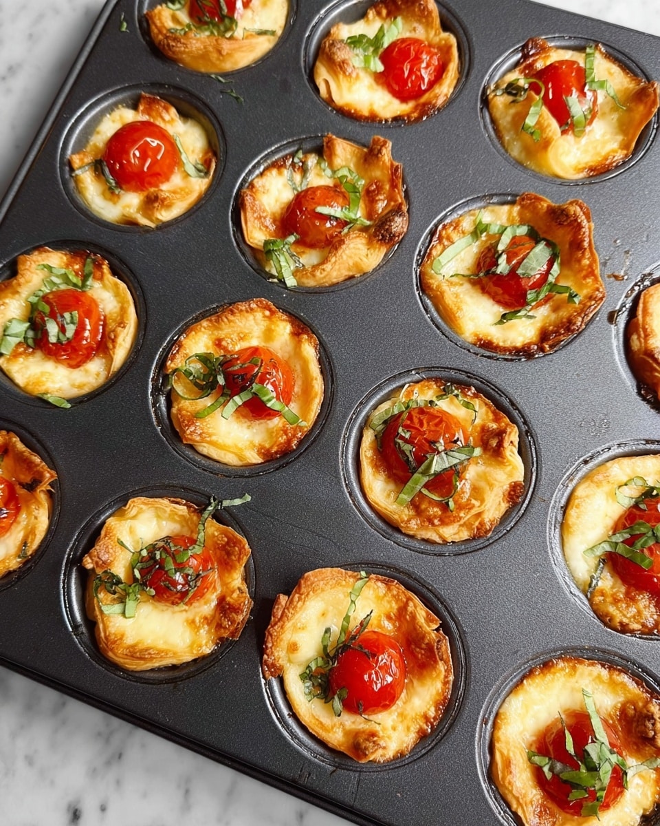 A dark gray muffin tin holds twelve mini puff pastry tarts, each with a base layer of golden, flaky dough that rises with a slightly crispy edge. The second layer is creamy melted cheese with a smooth, slightly browned surface. On top of the cheese, there is a bright red roasted cherry tomato in the middle of each tart, and the final layer includes scattered thin strips of fresh green basil leaves that add a fresh touch. The muffin tin rests on a white marbled surface. Photo taken with an iphone --ar 4:5 --v 7