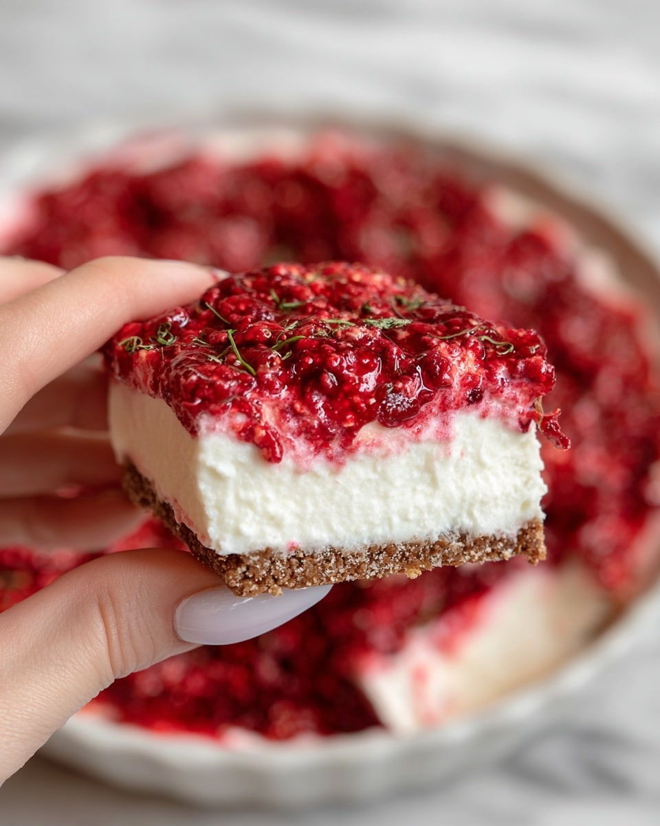 A close-up of a woman's hand holding a square graham cracker topped with two layers: a bottom layer of smooth white cream cheese and a thick top layer of chunky bright red raspberry mixture with visible seeds and small pieces of herbs, all taken from a large shallow white bowl filled with the same two-layered mix, set on a white marbled surface. photo taken with an iphone --ar 4:5 --v 7