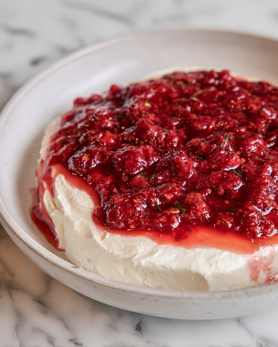 A close-up image of a two-layer dish served in a white bowl, placed on a white marbled surface. The bottom layer is thick, smooth, and creamy, white in color, spread evenly along the bottom and edges of the bowl. The top layer is a chunky, red mixture with a somewhat glossy texture and small bits visible throughout, slightly overflowing onto the creamy layer, with some red juice seeping around the edges. photo taken with an iphone --ar 4:5 --v 7