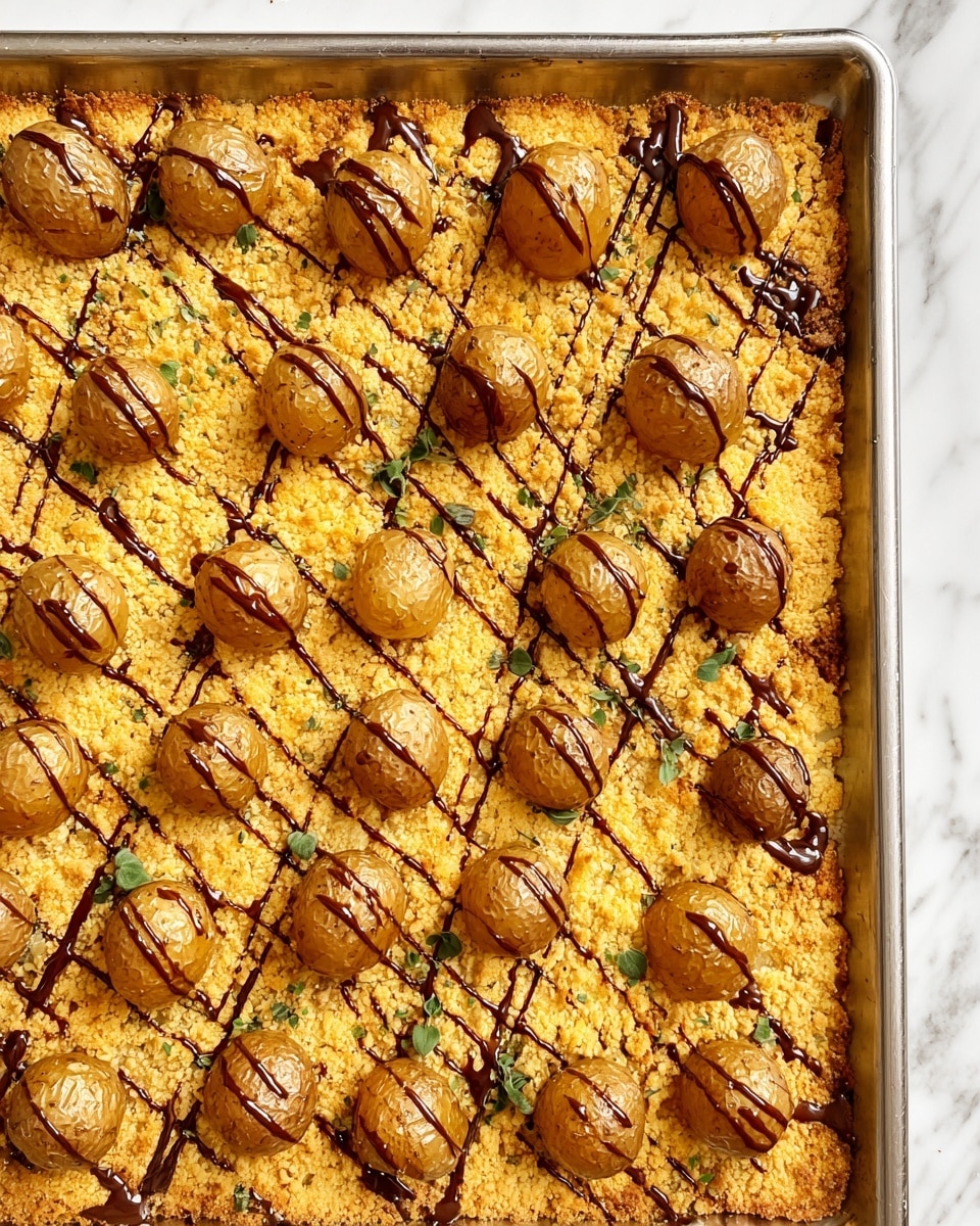 A large rectangular silver baking tray holds a baked dish covered with a single textured golden-yellow layer that looks crunchy and crumbly. On top, there are scattered small roasted baby potatoes with wrinkled golden-brown and light brown skins, arranged evenly in rows across the surface. The potatoes rest on the base layer and are drizzled with thin dark brown sauce lines running diagonally across the entire dish, creating a glossy contrast. Small dark green herb leaves are sprinkled lightly across the dish, adding texture and color. The tray sits on a white marbled surface. photo taken with an iphone --ar 4:5 --v 7