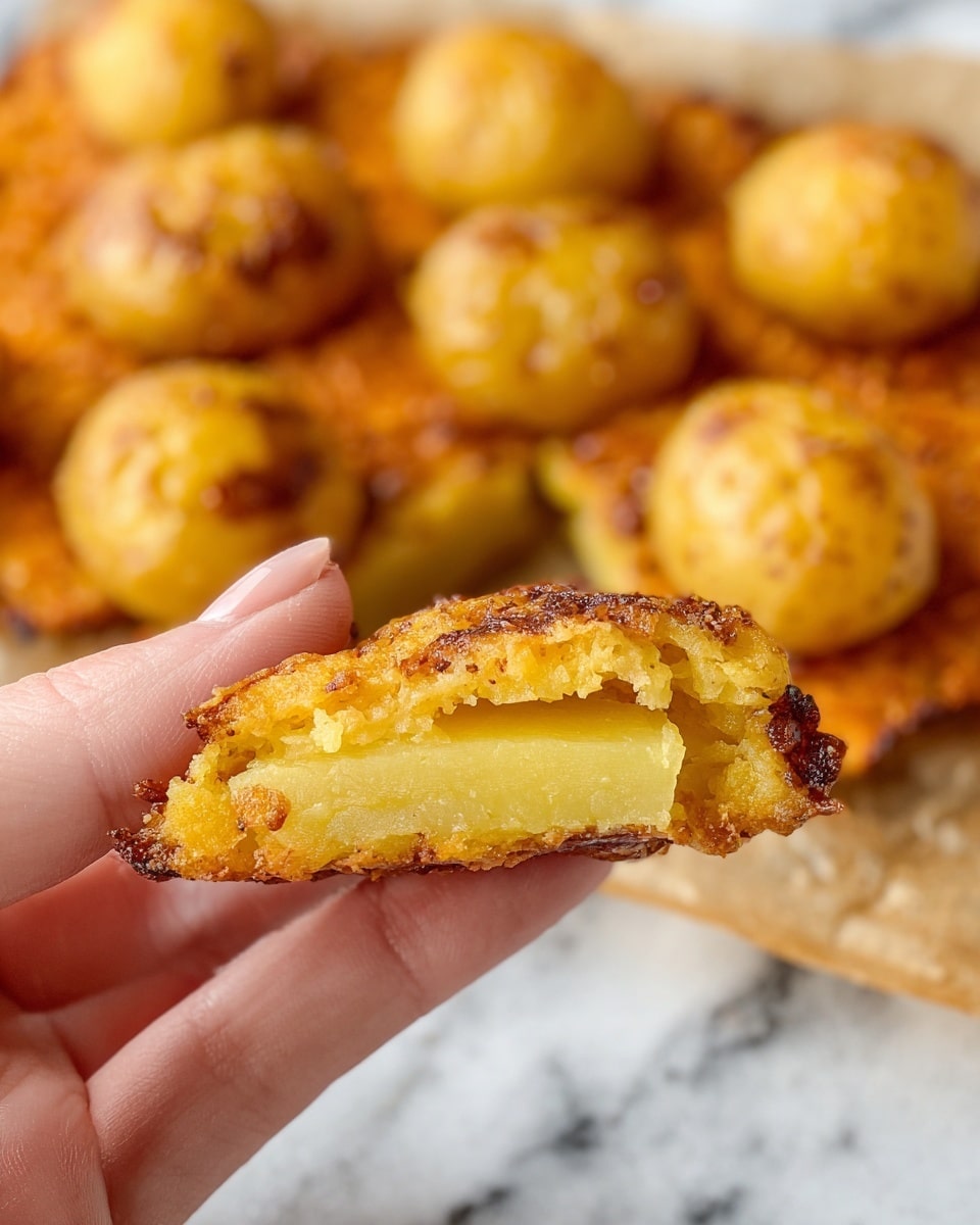 A close-up view of a crispy baked snack showing a woman's hand holding a broken piece with two layers: a golden, crunchy bottom layer and a soft, yellow potato-like layer inside. The background shows the rest of the snack with whole small round golden-brown potatoes placed on top of a lightly textured orange base that looks crispy. The food is resting on a white marbled surface. photo taken with an iphone --ar 4:5 --v 7