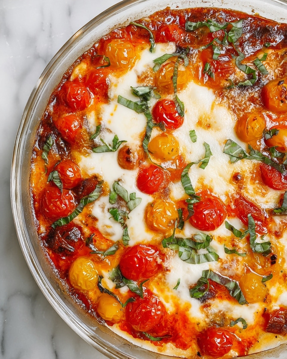 The dish is a baked casserole shown in a close-up view, placed in a clear round glass dish on a white marbled surface. It has multiple layers visible: the base layer is a rich red tomato sauce with both red and yellow cherry tomatoes that are roasted and softened; on top of this is a melted white cheese layer, creamy and bubbling, partially covering the tomato sauce. Scattered over the surface are fresh green basil leaves chopped roughly, adding a fresh look. The edges of the dish show some browned and slightly crispy spots, indicating it was baked. The colors are warm and vibrant with reds, yellows, white, and green contrasts, giving a fresh yet cooked appearance. photo taken with an iphone --ar 4:5 --v 7