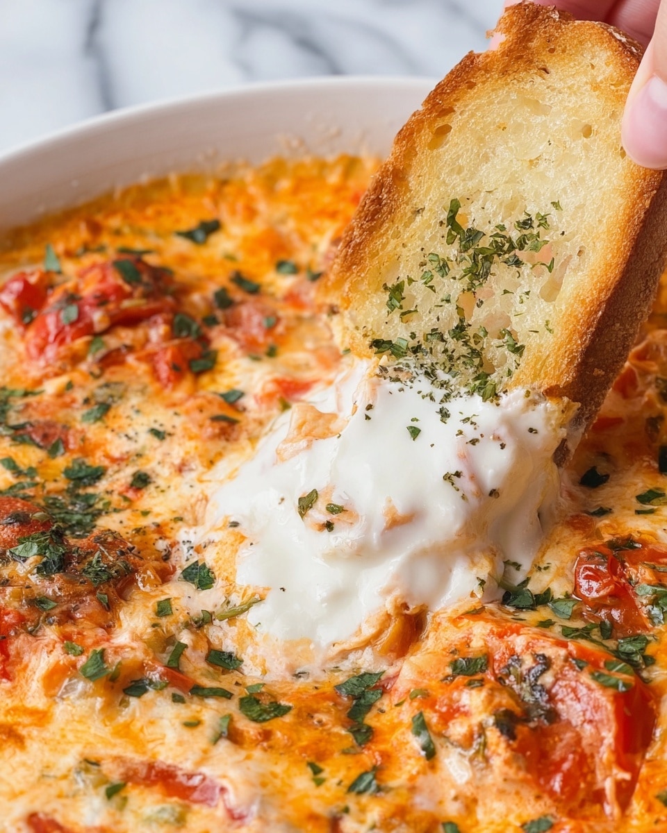 A close-up view of a creamy dip in a white bowl set on a white marbled surface, showing a thick base layer of mixed orange and red tomato chunks and melted cheese with green herb bits scattered throughout. Roughly in the center is a smooth dollop of white cream, slightly melting into the dip. A woman's hand is dipping a piece of toasted garlic bread with a light golden-brown crust and green parsley flakes on it into the dip, capturing motion as the bread touches the cream and the cheesy, chunky dip. Photo taken with an iphone --ar 4:5 --v 7