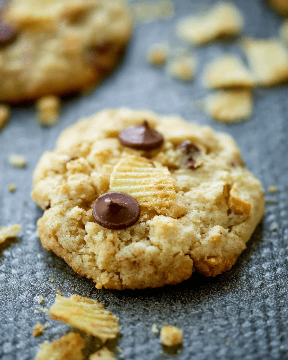 A close-up view of a soft, freshly baked cookie resting on a textured dark grey baking sheet, showing one cookie in the front and another blurred in the background. The cookie has a light golden color with a slightly crumbly texture, embedded with three visible dark brown chocolate chips and several pieces of pale yellow ridged potato chips scattered inside and on top. Crumbs from the cookie and potato chips are scattered around it on the baking sheet. photo taken with an iphone --ar 4:5 --v 7
