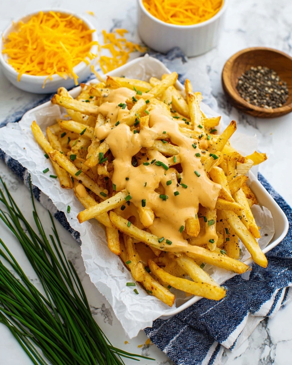 A white rectangular tray lined with white parchment paper and a blue and white striped cloth underneath holds a pile of golden crispy French fries, seasoned lightly with specks of black pepper. The fries are topped with a smooth, creamy, light orange sauce drizzled generously over the top. Around the tray, fresh green chives are scattered on a white marbled surface, with a white bowl filled with shredded bright orange cheddar cheese and a small wooden bowl of black pepper visible in the background. photo taken with an iphone --ar 4:5 --v 7